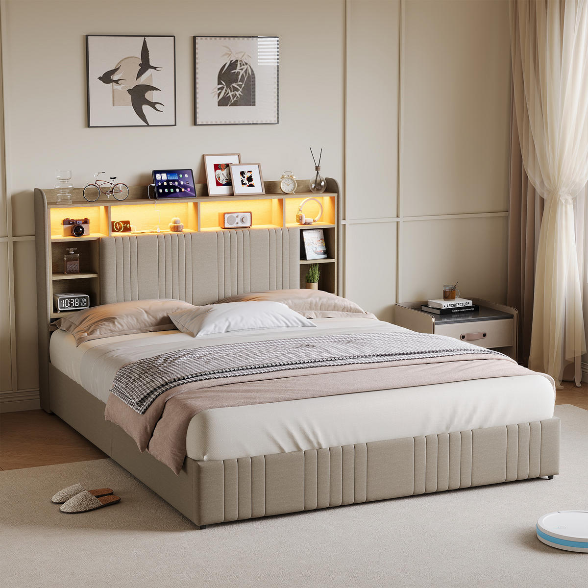 POLSTERBETT 140x200 cm LED USB 4 Schubladen Stauraum Kopfteil Leinen beige - Beige, Holz (140/200cm) - LEBENLANG
