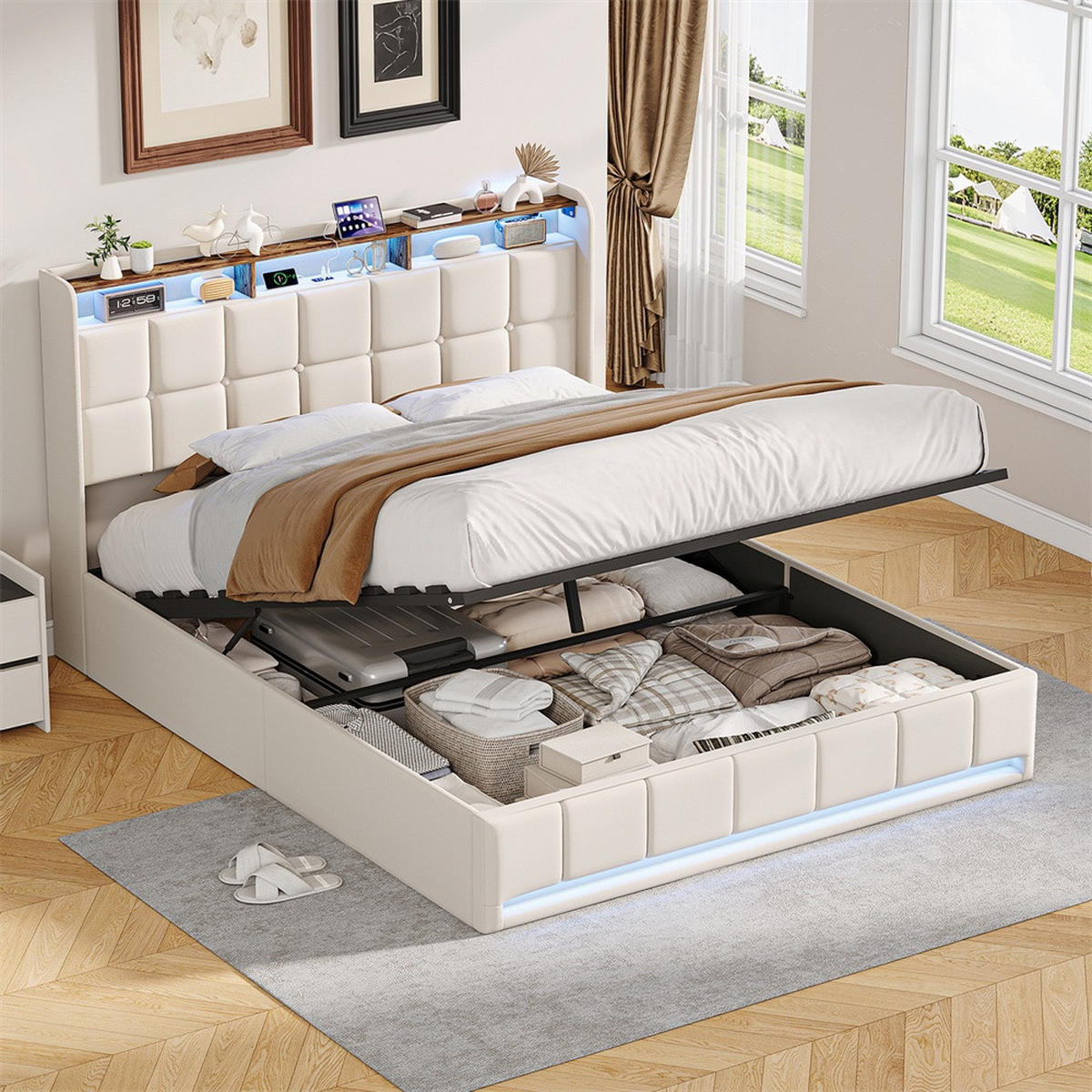 POLSTERBETT 160x200 cm mit LED-Beleuchtung und hydraulischem Stauraum - ohne Matratze - Beige - Beige, Textil (160/200cm) - DELFA