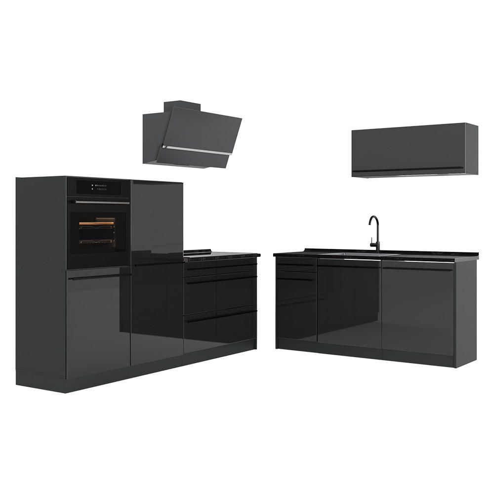 KÜCHENZEILE R-Line, Anthrazit Hochglanz/Anthrazit, 220 cm Arbeitsplatte Anthrazit - Schwarz Hochglanz/Anthrazit, Holzwerkstoff (220/143/60cm) - Vicco