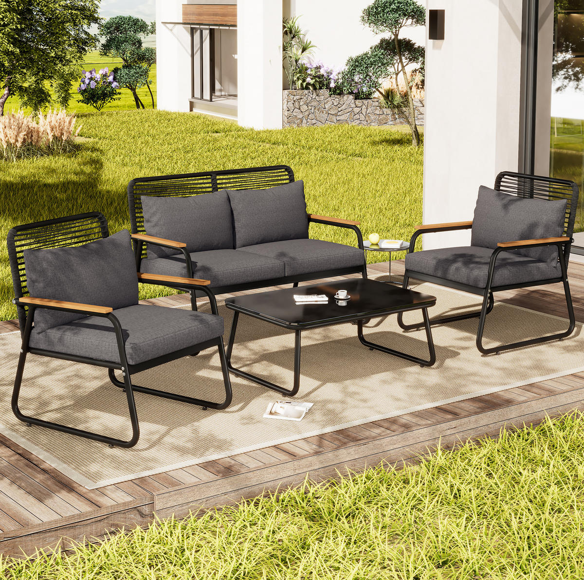 GARTEN-LOUNGE-SET mit Metallgestell & Glastisch, 118/65/78 cm + 2/ 63/65/78 cm, Schwarz - Schwarz, Metall - Redom