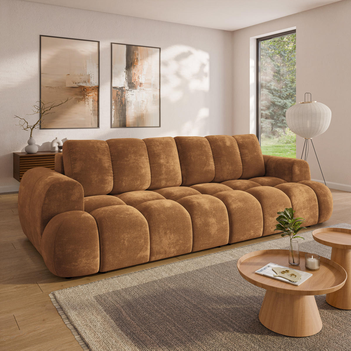 BETTSOFA DAFNE Hellbraun Chenille-Stoff mit Schlaffunktion - Hellbraun, Textil (300/88/113cm) - MASSENO