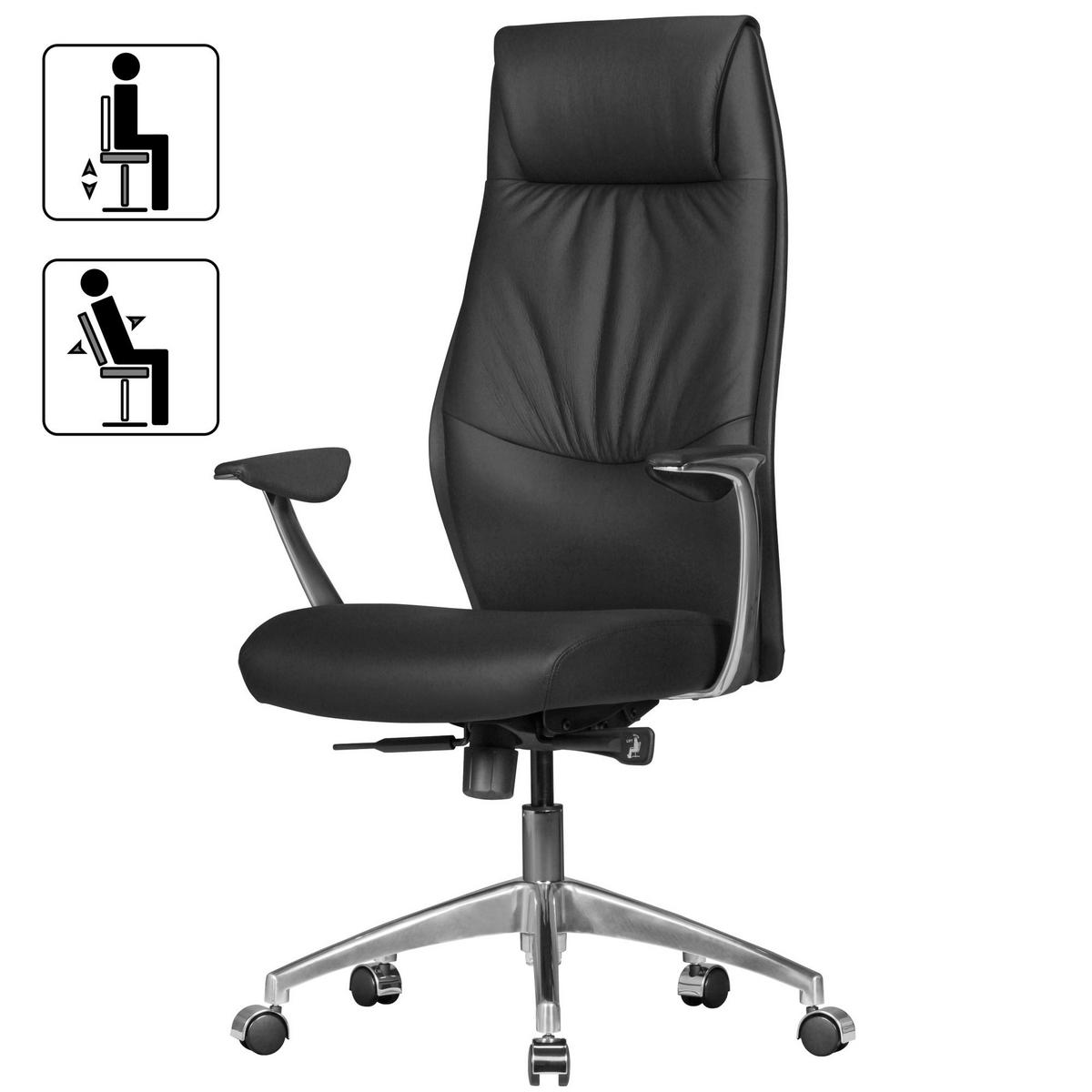 CHEFSESSEL Echtleder mit 3-Stufen-Synchronmechanik und Aluminiumfußkreuz TEMZA, Schwarz 67x58x125 cm - Silberfarben/Schwarz, Leder/Metall (67/125/58cm) - KADIMA DESIGN