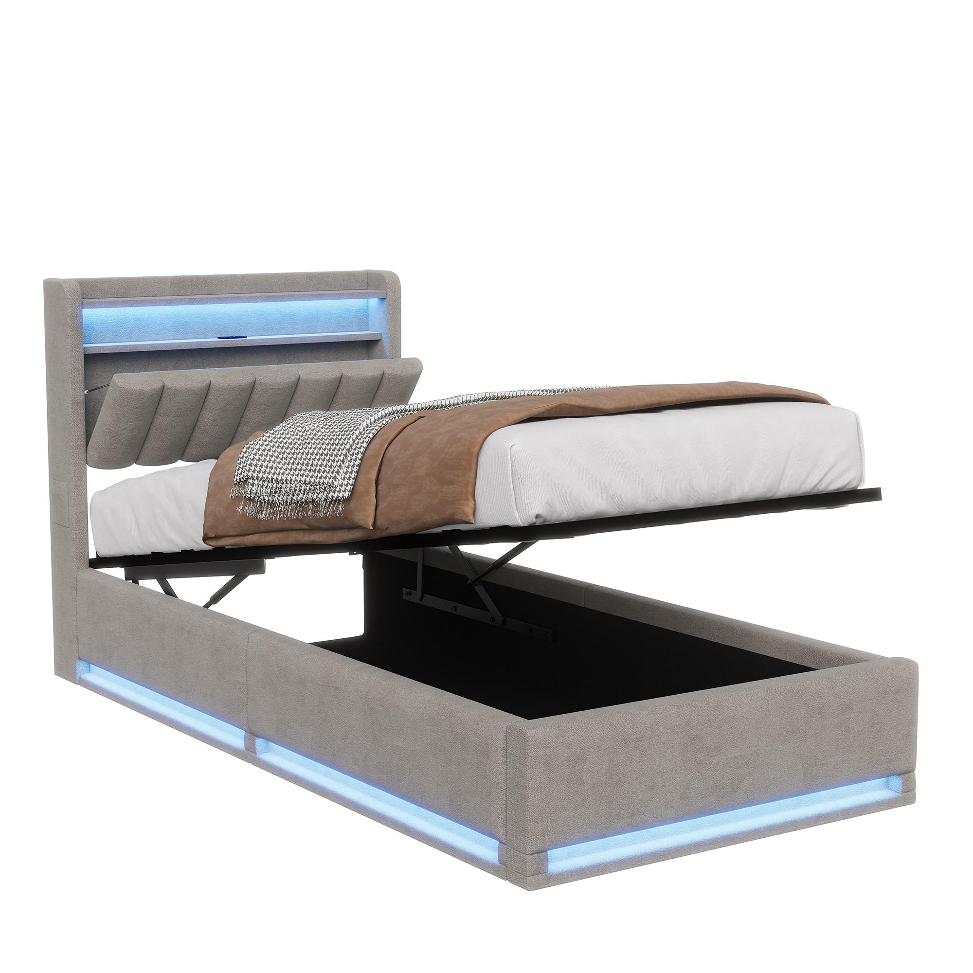 POLSTERBETT 90x200 cm mit LED, USB Und Type-C, Einzelbett mit Bettkasten 90x200, Stauraum, Grau Samt - Grau, Textil/Metall (90/200cm) - GENKI LIVING