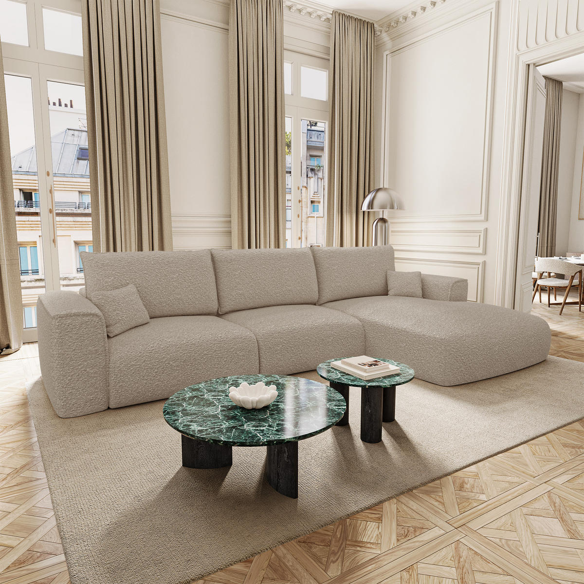 ECKSOFA rechtwinklig COMO Bouclé-Stoff Beige 300cm - Beige, Textil (300/165cm) - Premium Interiors
