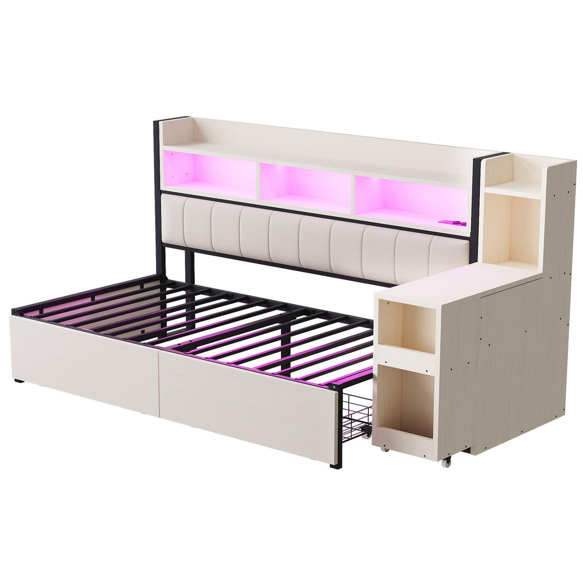 MULTIFUNKTIONSBETT aus Metall und Holz 90x200 cm Weiß/Holzfarbe mit Schreibtisch, Steckdosen, LED und viel Stauraum - Weiß, Metall (90/200cm) - Modfu