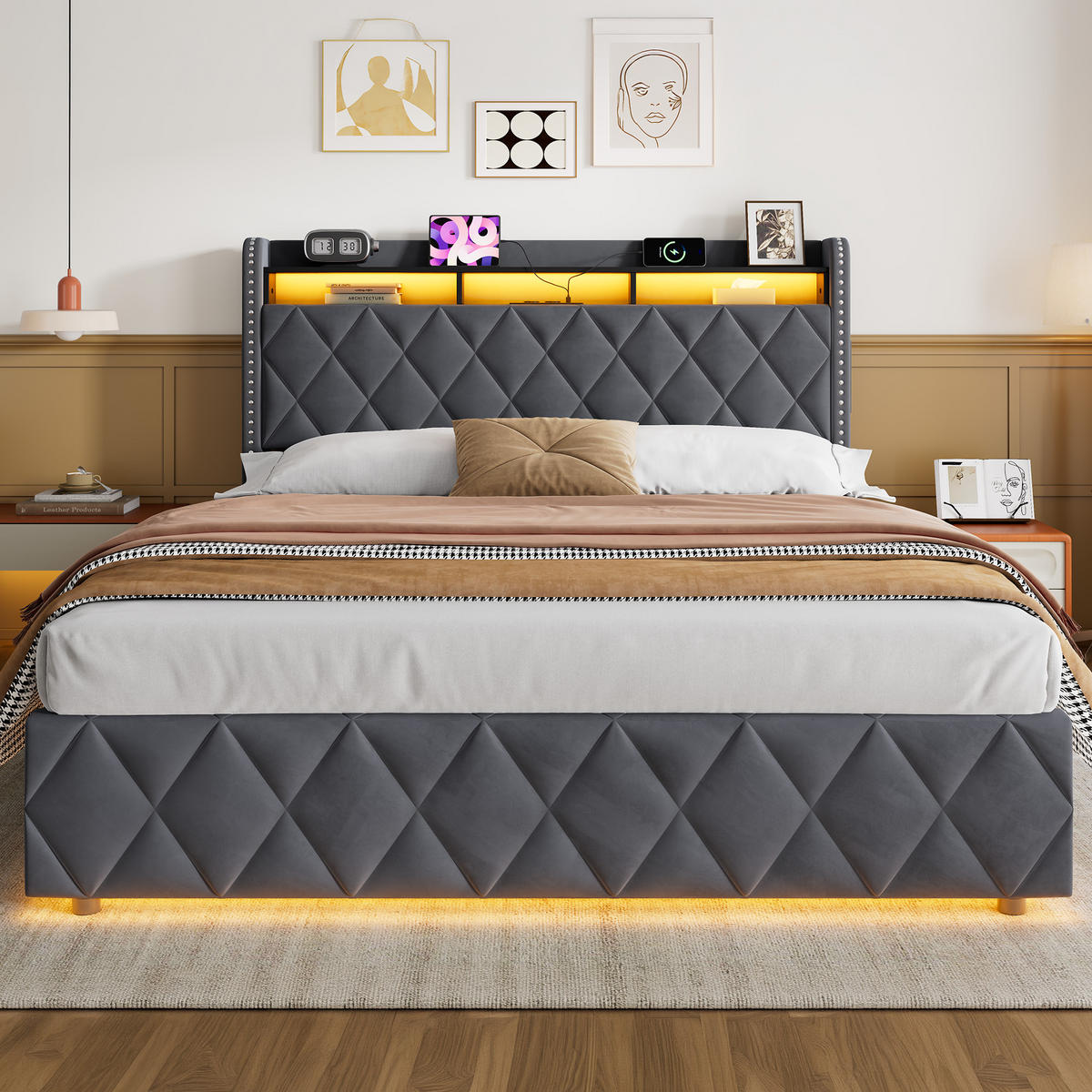 POLSTERBETT 160×200 mit LED-Beleuchtung, Bettkasten und Matratze - Grau, Holzwerkstoff/Textil (160/200cm) - EVRYAE