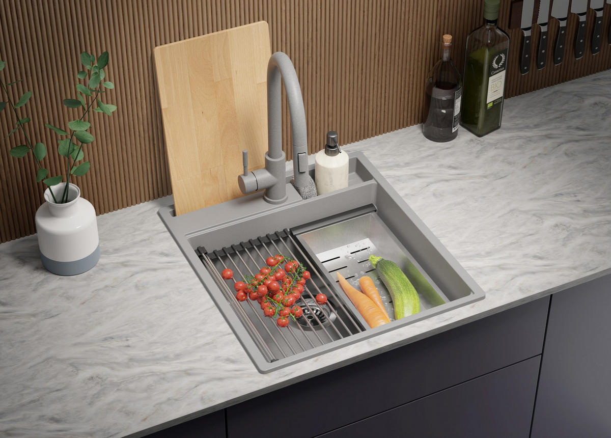 SPÜLBECKEN Oslo Pocket, 2-er set Grau 48/53 cm 1 Becken + Ablauf-Set + Küchenzubehörset ab 50er Unterschrank - Chromfarben/Beige, Kunststoff (48/20/53cm) - Primagran