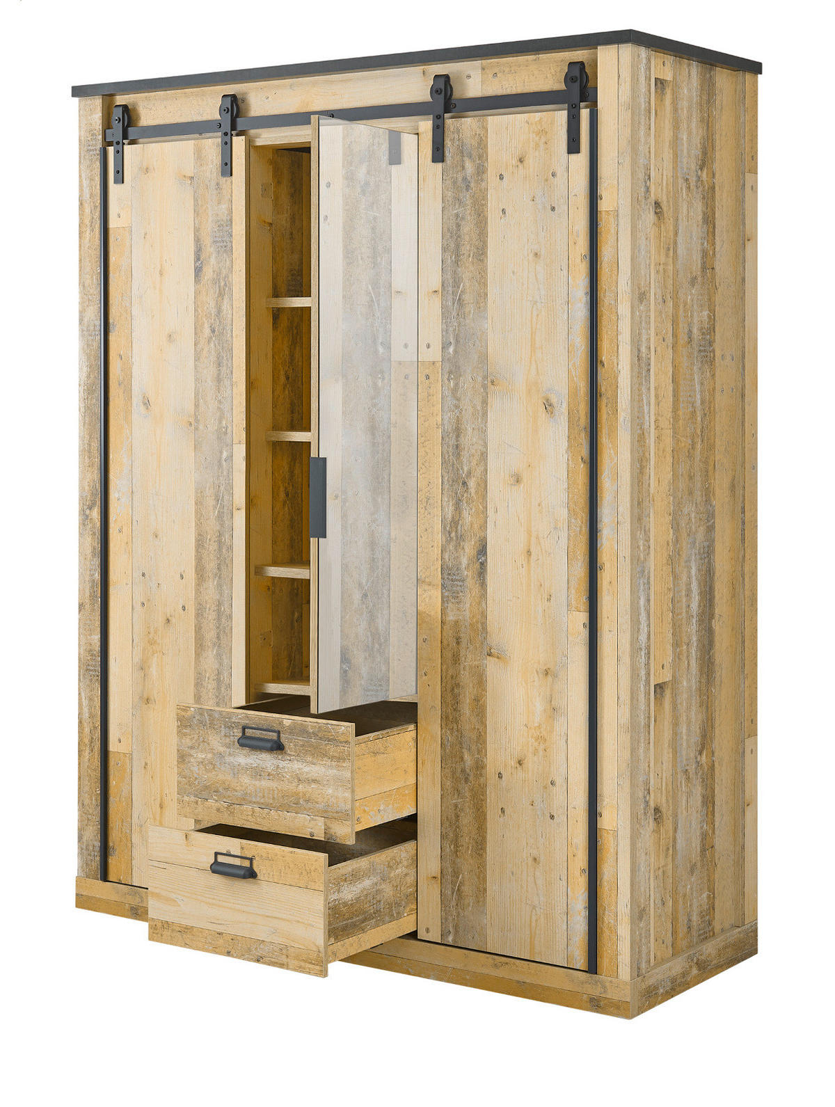 KLEIDERSCHRANK Used Wood hell, dunkles Grau 163 x 209, Schiebetürenschrank 3-türig mit Spiegel - Dunkelgrau/Schwarz, Glas/Holzwerkstoff (163/209/63cm) - Furn.Design