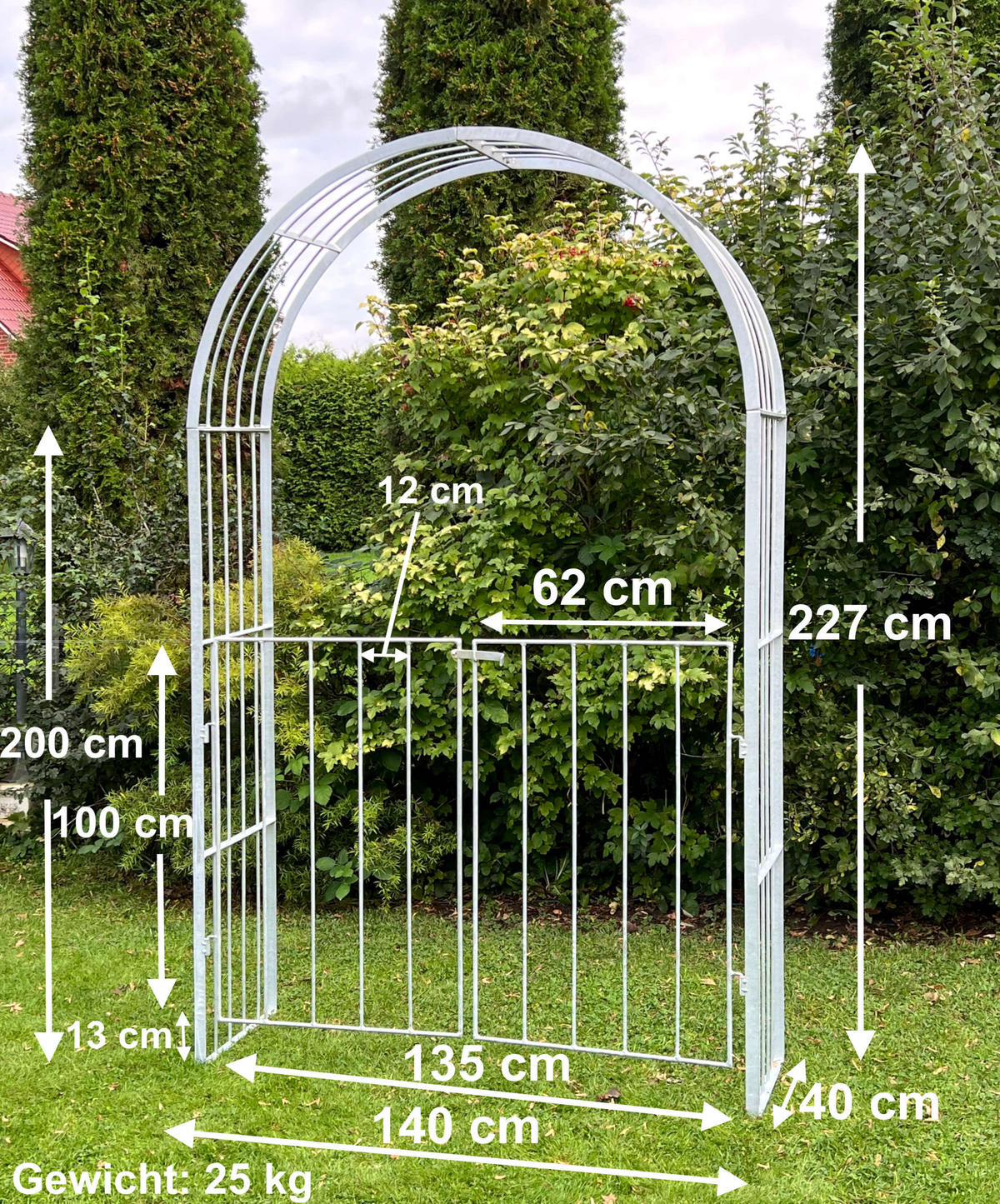 ROSENBOGEN mit Tor Metall verzinkt 140/40/230 cm - Grau, Metall (140/230/40cm) - DanDiBo