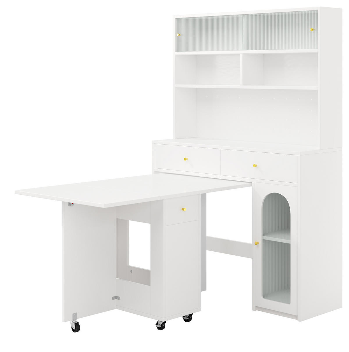 BUFFET aus MDF 120x45x180 cm / 120x75x75 cm Weiß mit klappbarem Esstisch, Rollen und Stauraum - Weiß, Holzwerkstoff (120/180/45cm) - Modfu