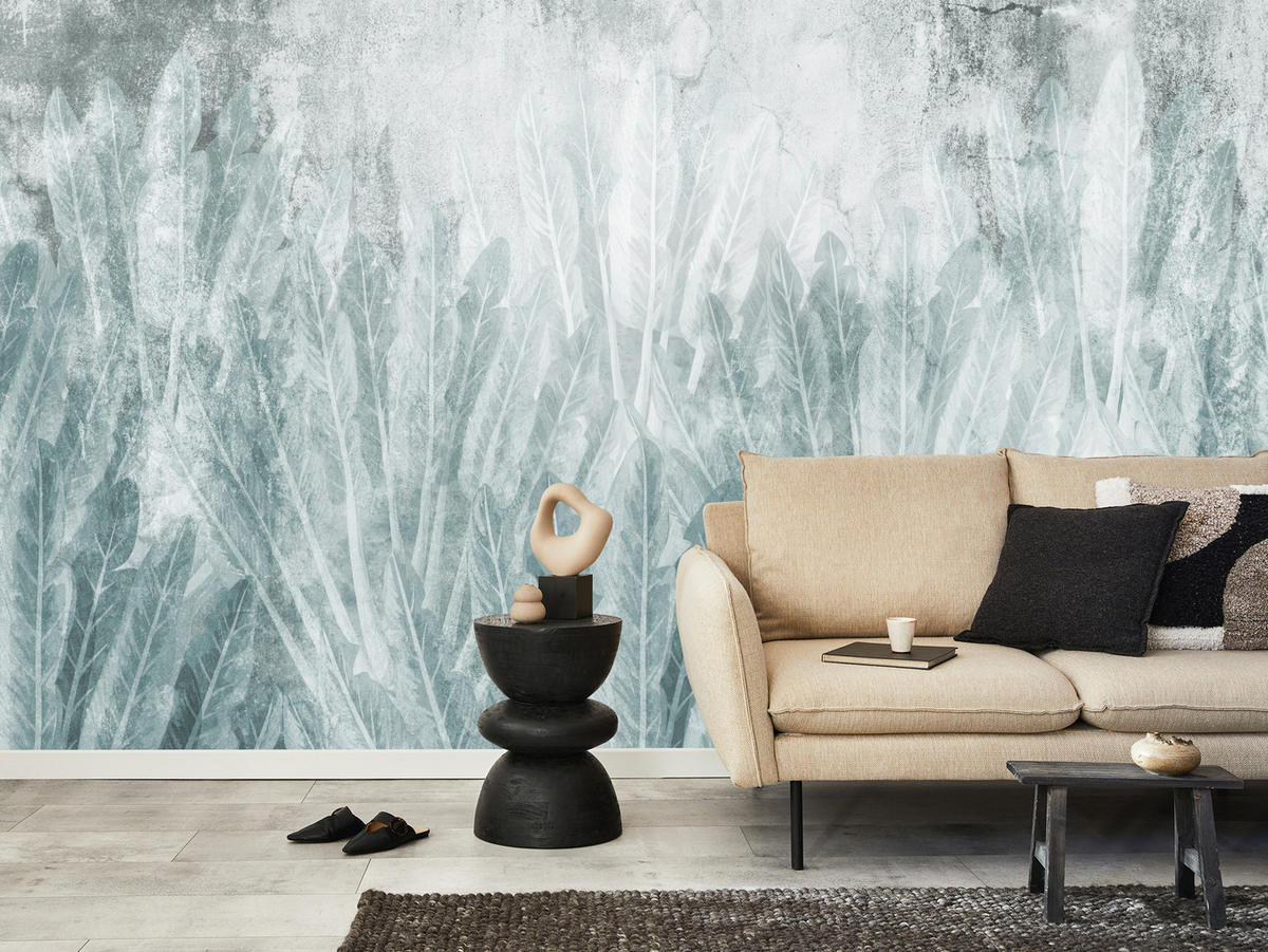 FOTOTAPETE Beton Bananenblätter Retro Grau Abstrakt Pflanzen Vintage 250x175 - Grau, Papier (250/175cm) - Muralo