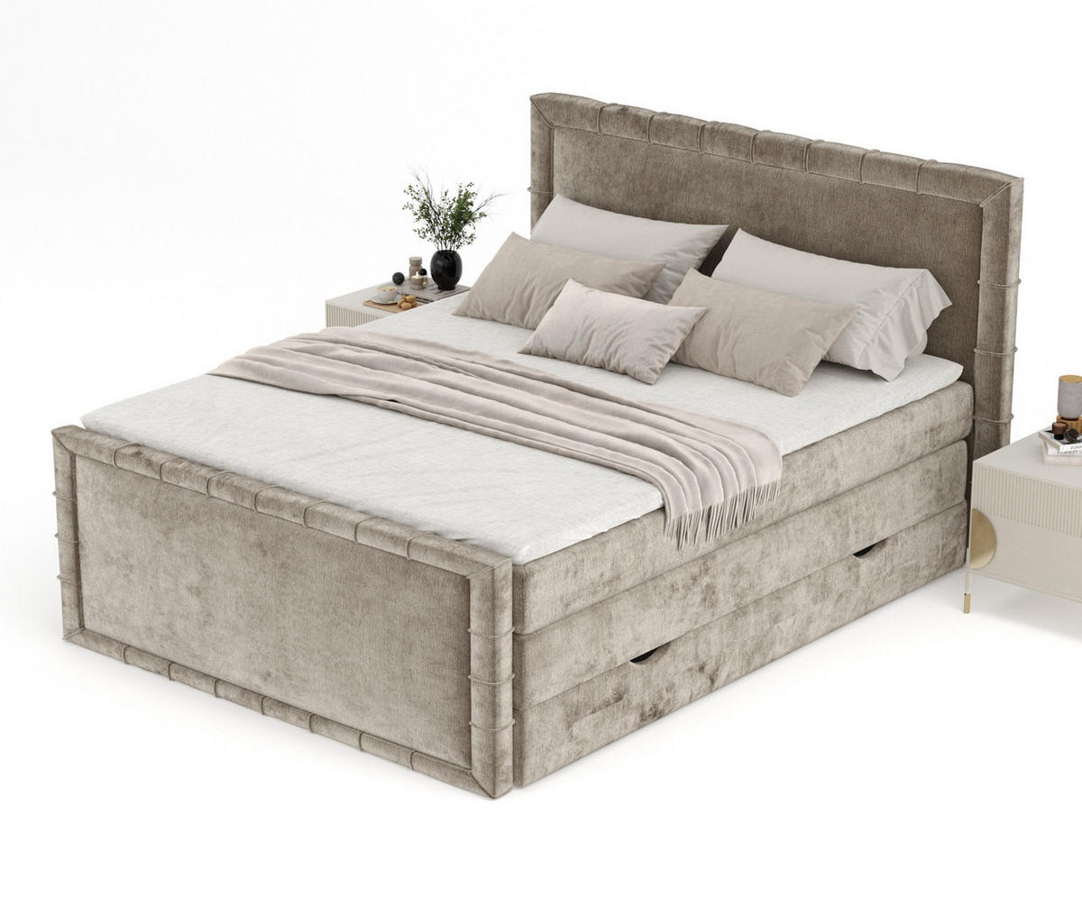 BOXBETT Estelle Beige 140/200 cm im Chenille-Stoff - Beige/Schwarz, Holz/Holzwerkstoff (140/200cm) - Maison de Reve