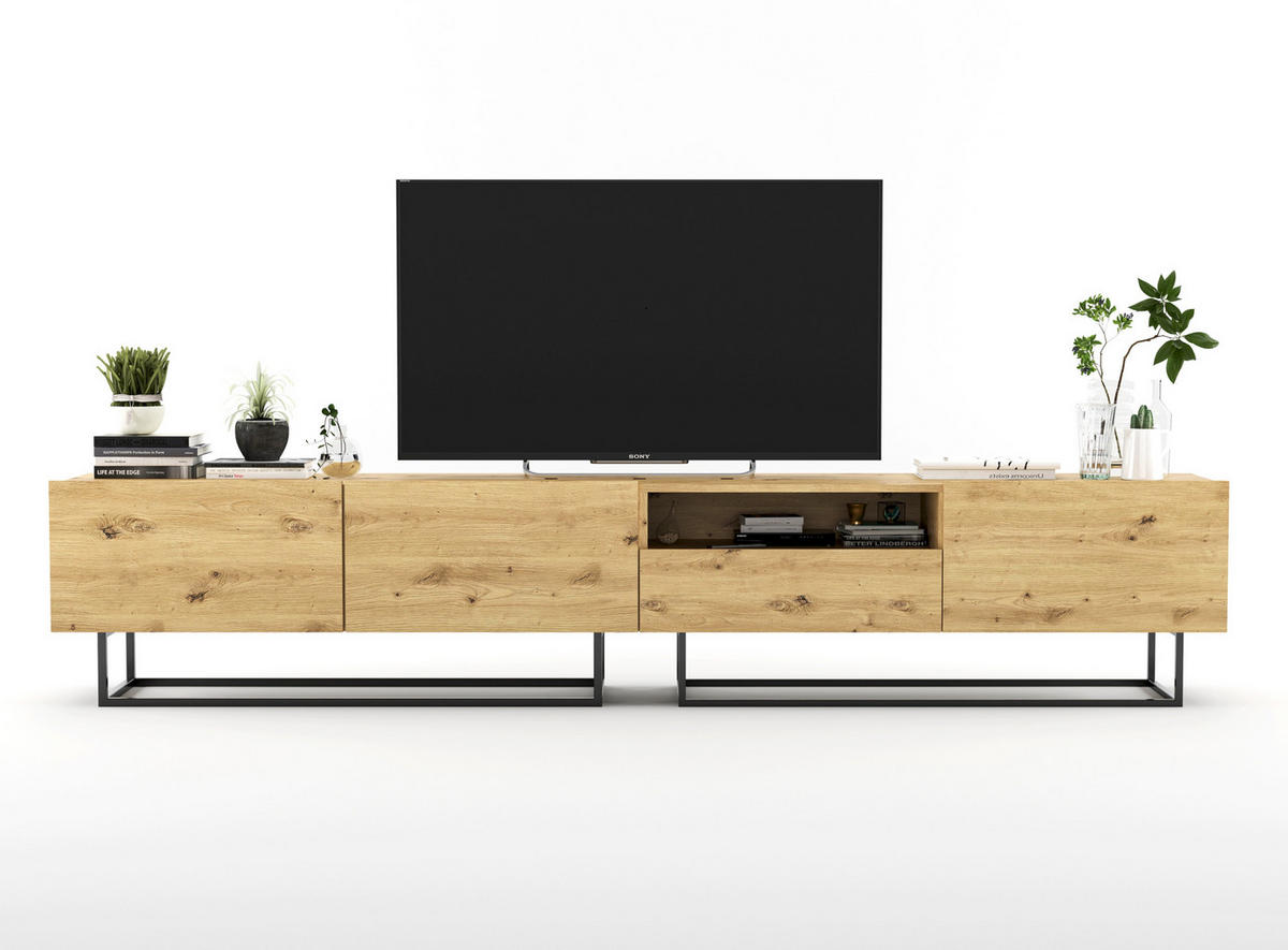TV-LOWBOARD 2-er Set Enjoy Eiche Artisan Matt Schublade mit Metallrahmen 120 cm - Schwarz/Eiche Artisan, Keramik/Holzwerkstoff (35/240/46cm) - Meble Lindner