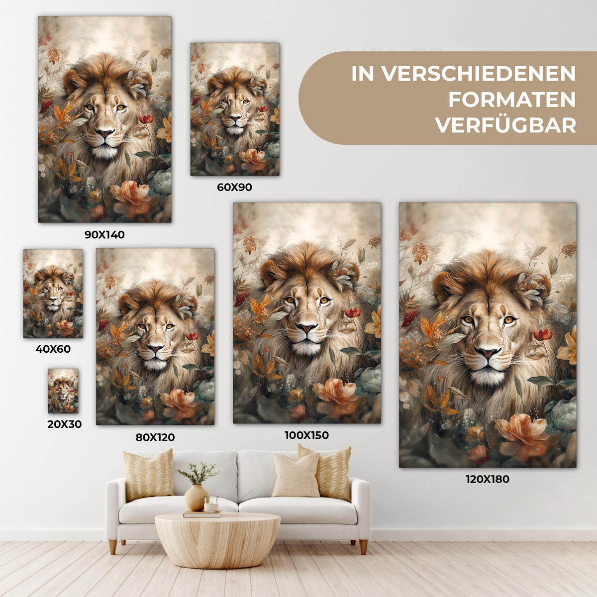 LEINWANDBILD Löwe - Wildtiere - Pflanzen - Natur - Blumen 60x90 cm - Beige, Textil (60/90cm) - MuchoWow