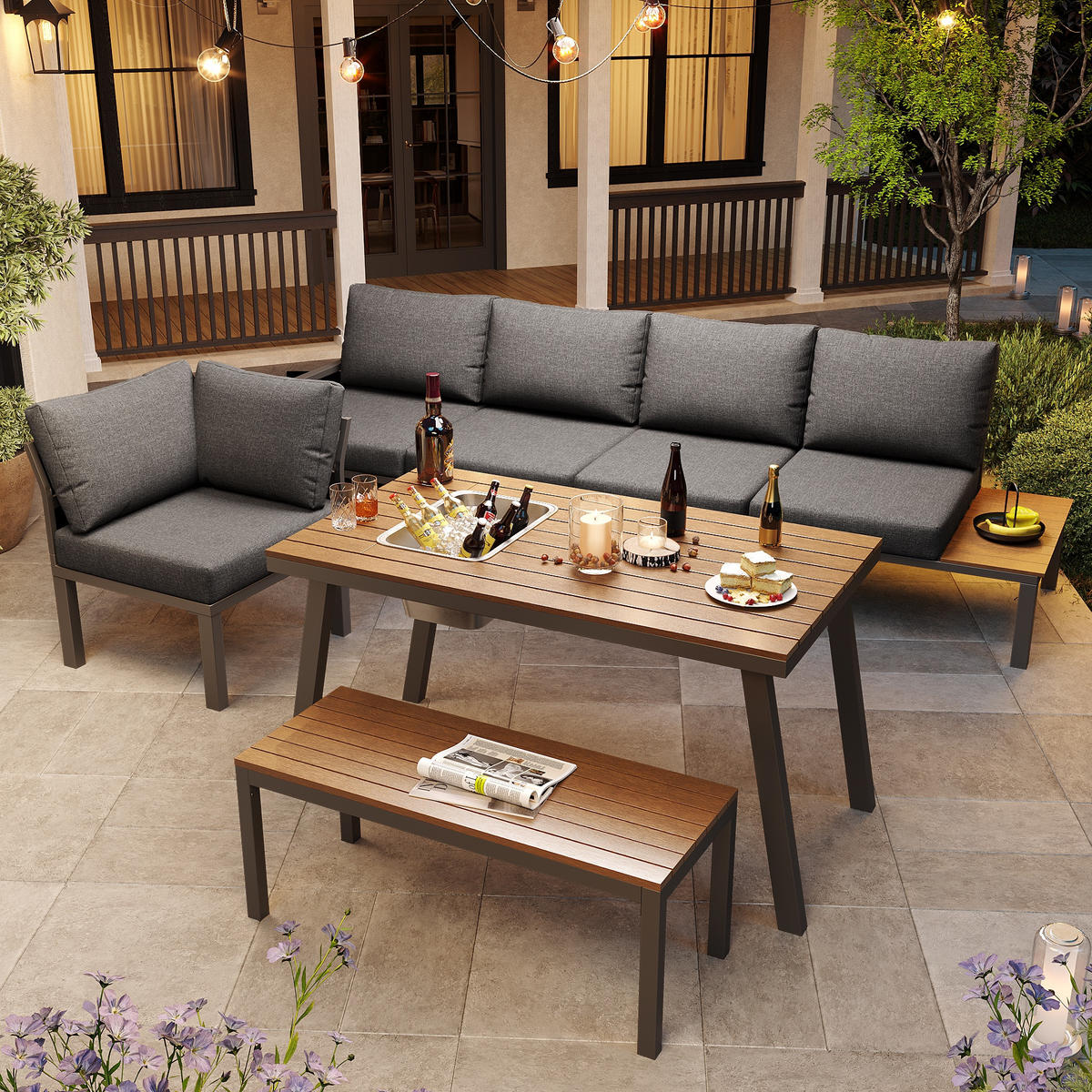 GARTENLOUNGE-SET Sitzgruppe für 6-7 Personen Gartenmöbel-Set Tischplatte mit Eiskübel - Grau, Textil/Metall - STILVORA
