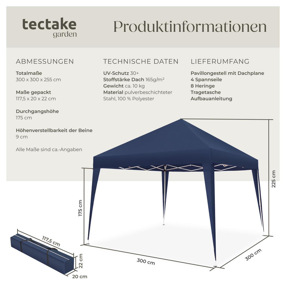 PAVILLON Linosa,inklusive Spannseile, Heringe und Tragetasche,blau - Blau, Kunststoff (300/255/300cm) - tectake