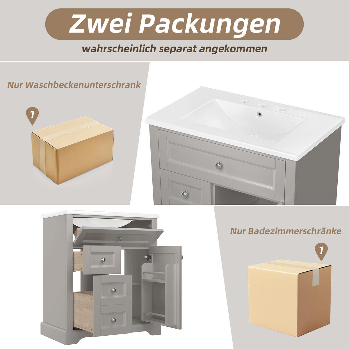 WASCHTISCHKOMBI Grau mit Soft-Close & Keramikbecken - Grau, Keramik/Holzwerkstoff (76/87/46cm) - Urban Meuble