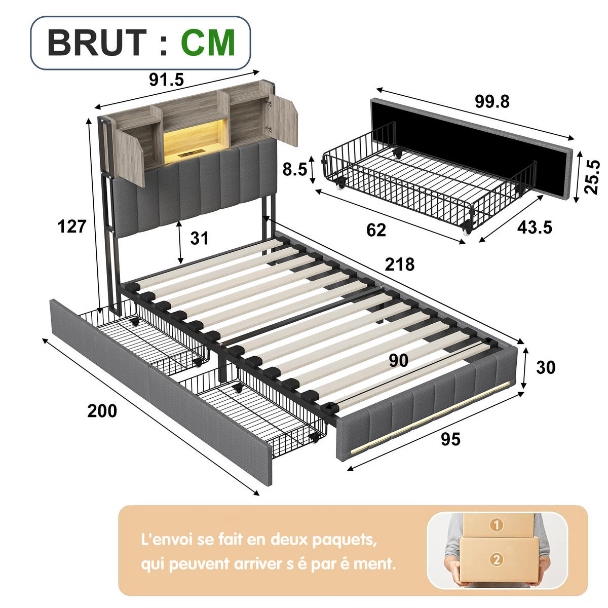POLSTERBETT 90x200 cm LED USB 4 Schubladen Lattenrost Leinen grau - Grau, Holz (90/200cm) - LEBENLANG