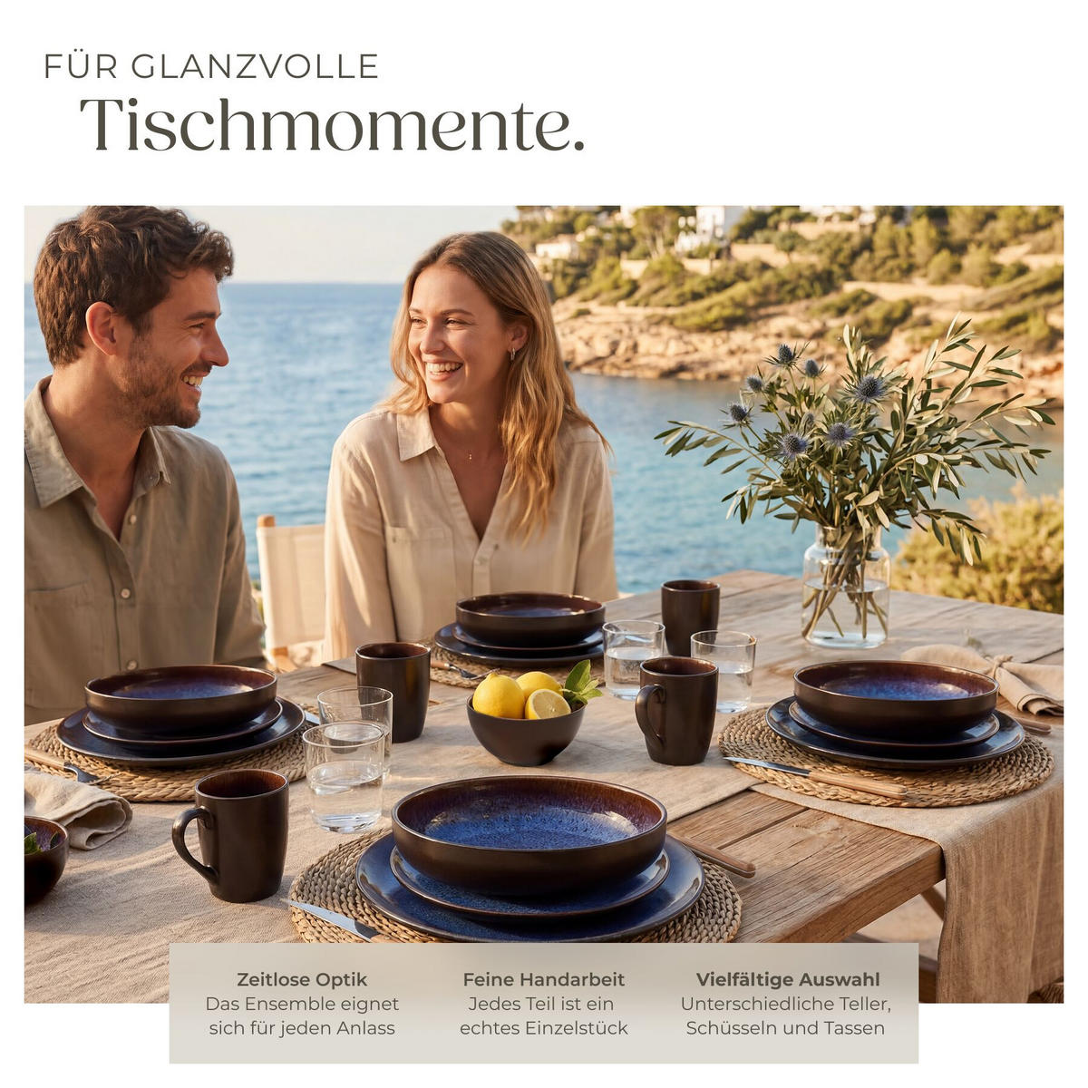 KOMBISERVICE Mare, ineinander stapelbar, blau/braun - Blau, Keramik (26.5/2.5/26.5cm) - tectake