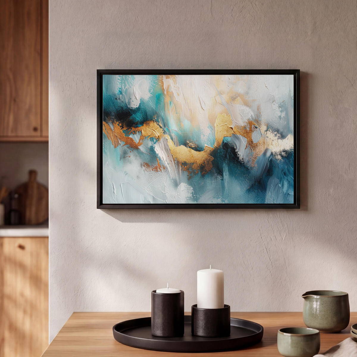 LEINWAND Bilder mit Rahmen - Abstrakt - Kunst - Gold - Blau - 30x20 - Petrol, Textil (30/20cm) - MuchoWow