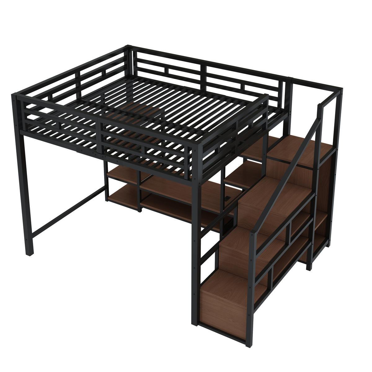 HOCHBETT 140/200 cm schwarz mit TV-Ständer und Steckdose - Schwarz, Metall (140/200cm) - OKWISH