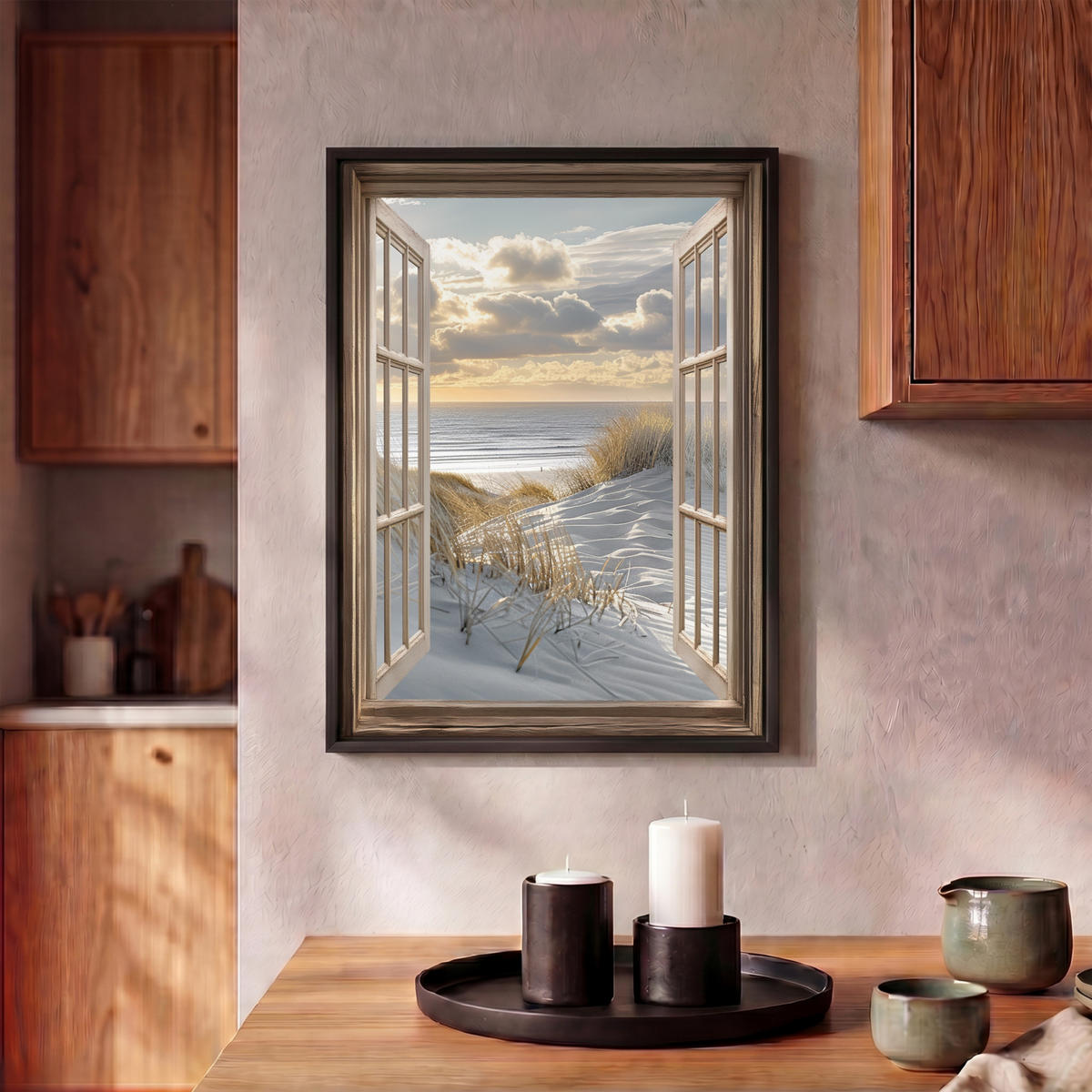 LEINWAND Bilder mit Rahmen - Ausblick - Strand - Dünen - Meer - Natur - 30x40 - Sandfarben, Textil (30/40cm) - MuchoWow