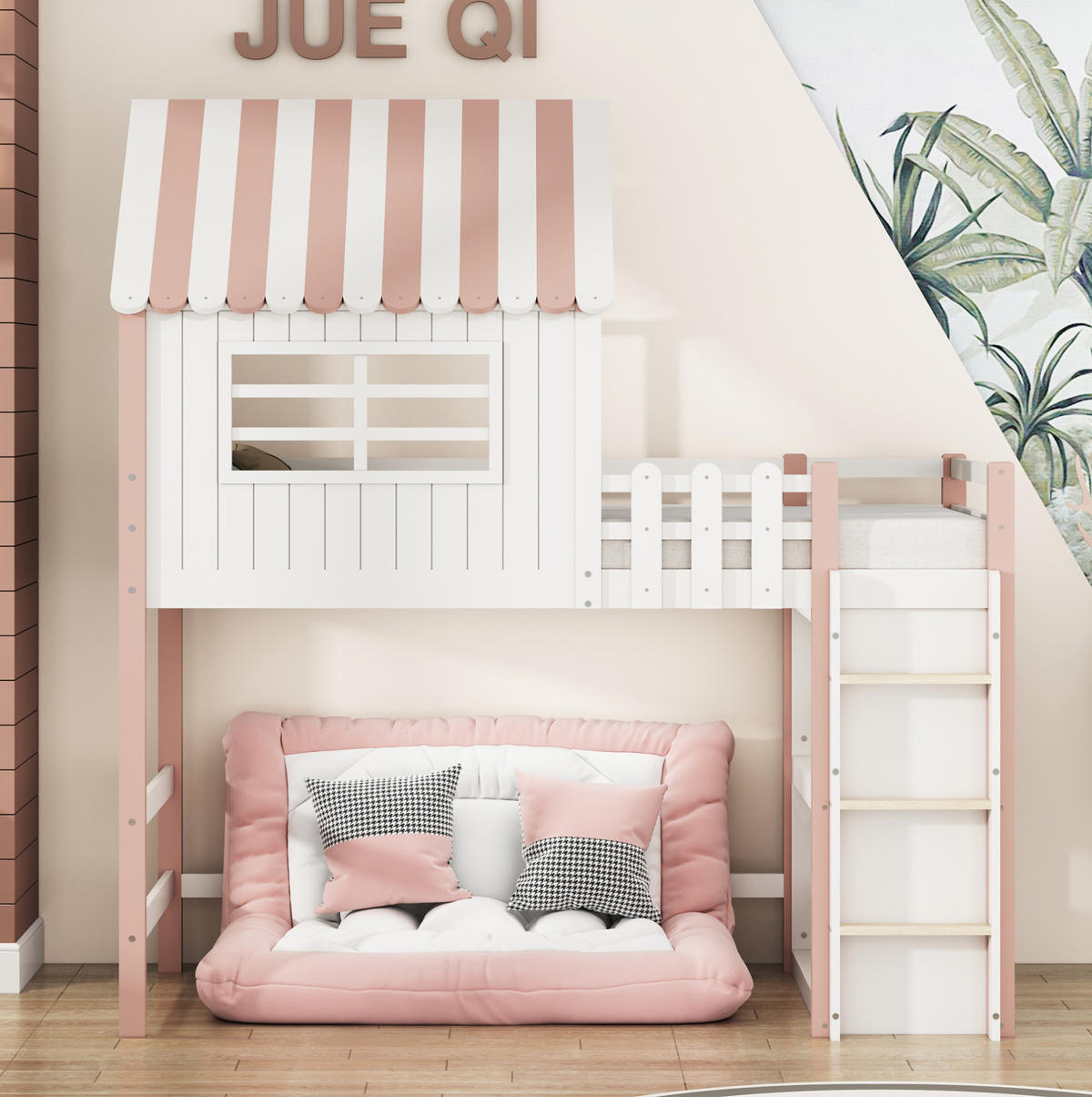 HOCHBETT 90/200 cm Rosa Hausbett mit Sicherheitsleiter und Stauraum - Pink, Holz (90/200cm) - OKWISH