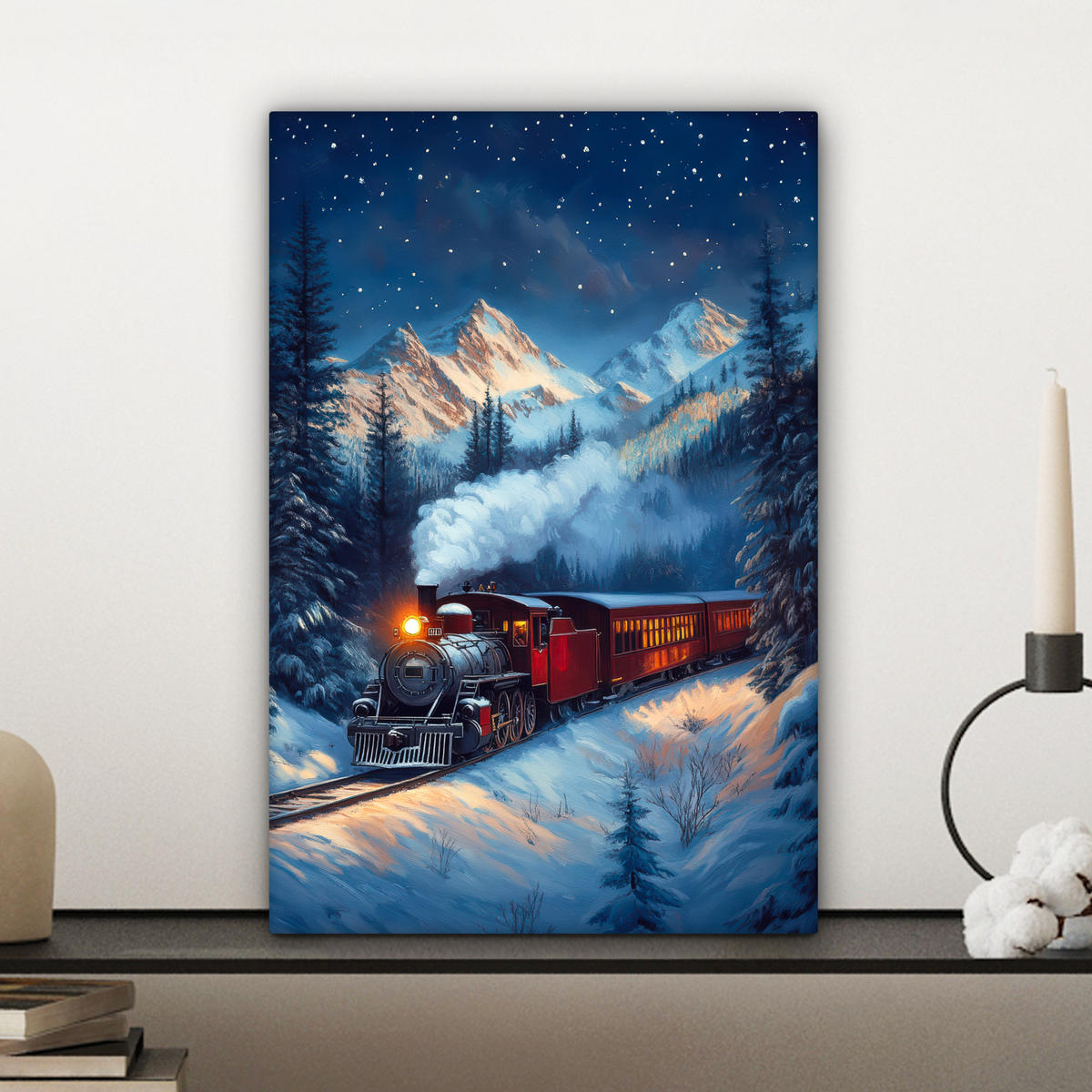 LEINWANDBILD Zug - Weihnachten - Schnee - Weihnachtszug Deko Wohnzimmer 20x30 cm - Anthrazit, Textil (20/30cm) - MuchoWow