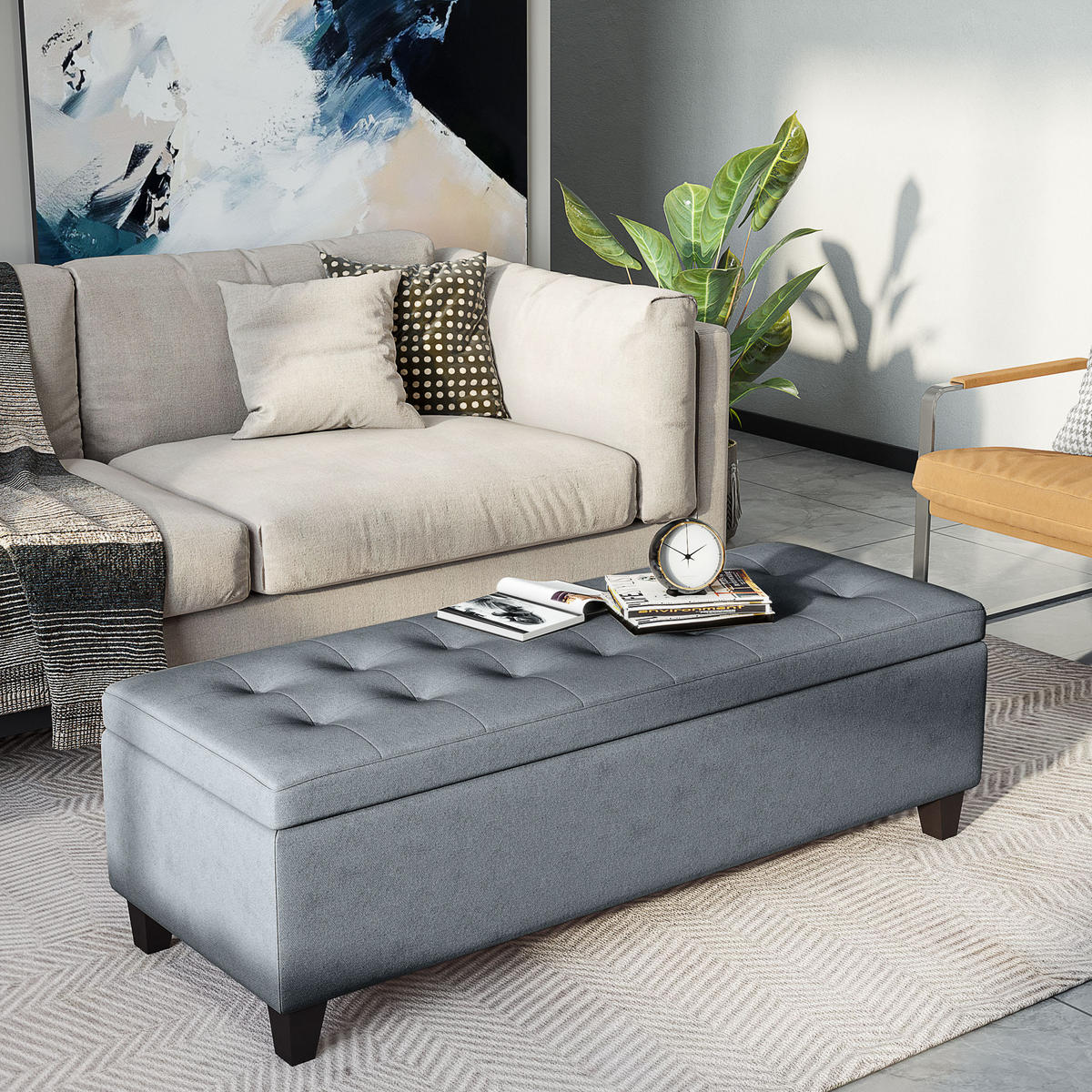 SITZBANK, Polsterbank mit Stauraum, Bettbank mit Deckel, Leinenoptik, Grau - Grau, Kunststoff (49/41.5/125cm) - HOMCOM