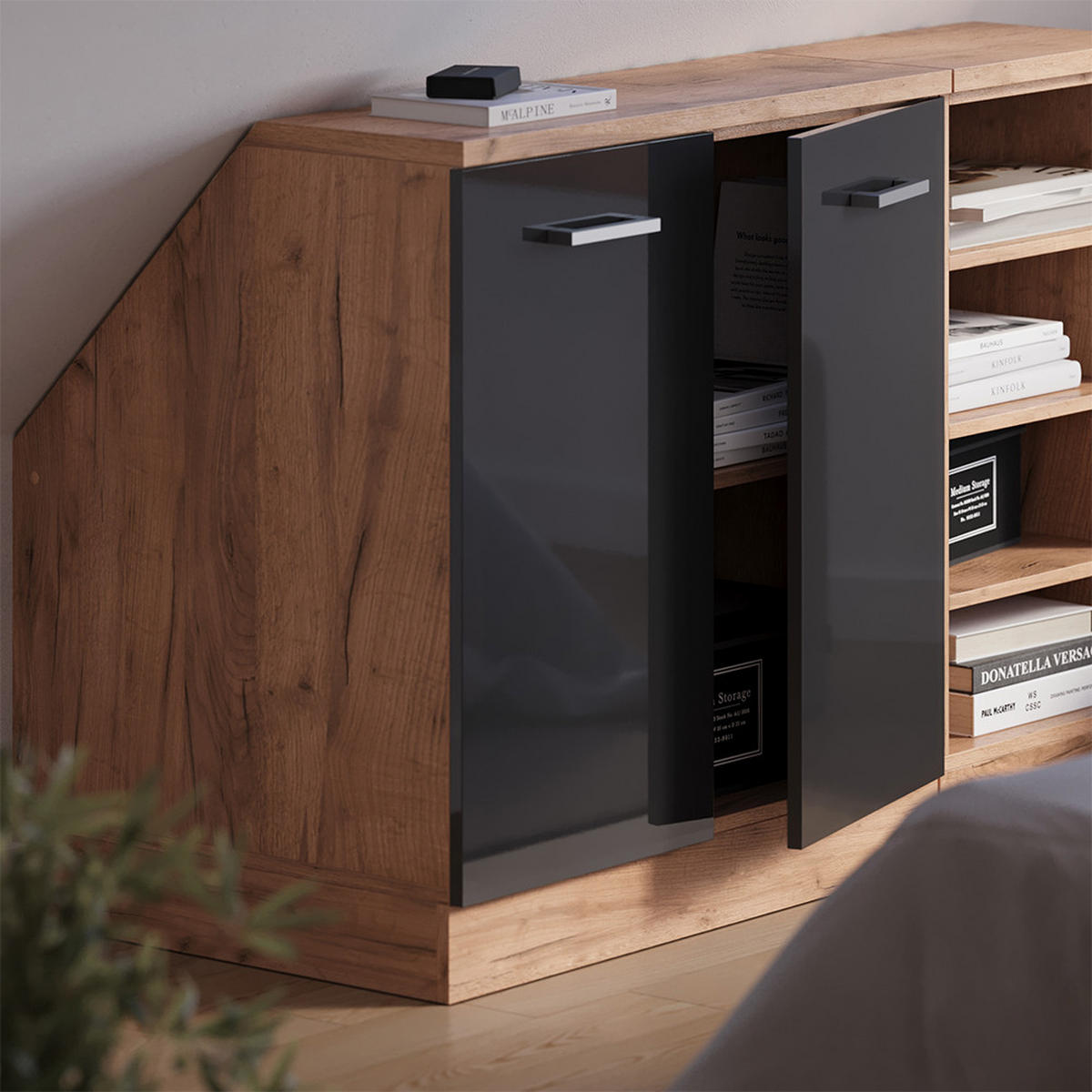 WARDROBE FOR SLOPING CEILING Rion Antracit visokog sjaja 80 x 81.6 cm s 2 vrata, korpus ormara dubine 60 cm - hrast medunac/crna visoki sjaj, drvni materijal (80/83.8/60cm) - Vicco