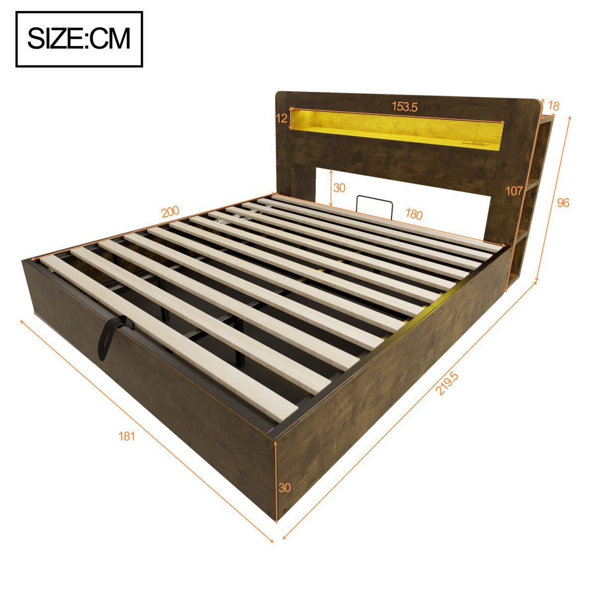 POSTEL 180x200 Dřevo LED Čelo Úložný Prostor Zásuvka - přírodní, dřevo (180/200cm) - FLIEKS