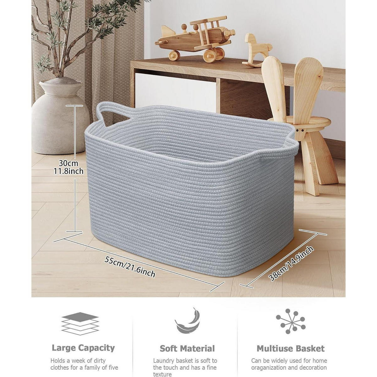 WÄSCHEKORB 2-teiliges Set Baumwolle Grau 63L - Grau, Textil (38/30/55cm)