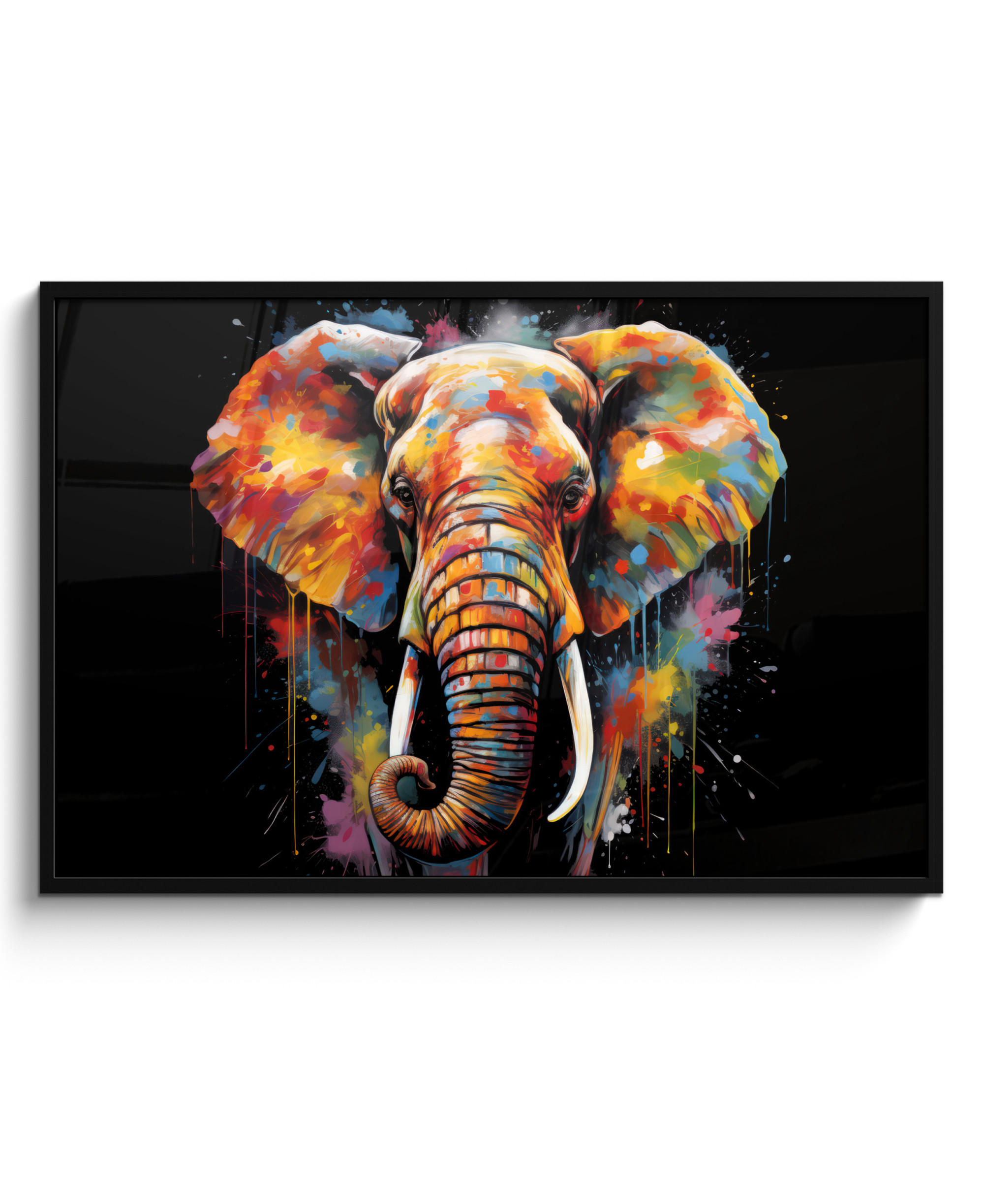 POSTER MIT RAHMENGERAHMTES BILD Elefant - Graffiti - Schwarz - Tiere - Farben 120x80 cm - Schwarz, Papier (120/80cm) - MuchoWow