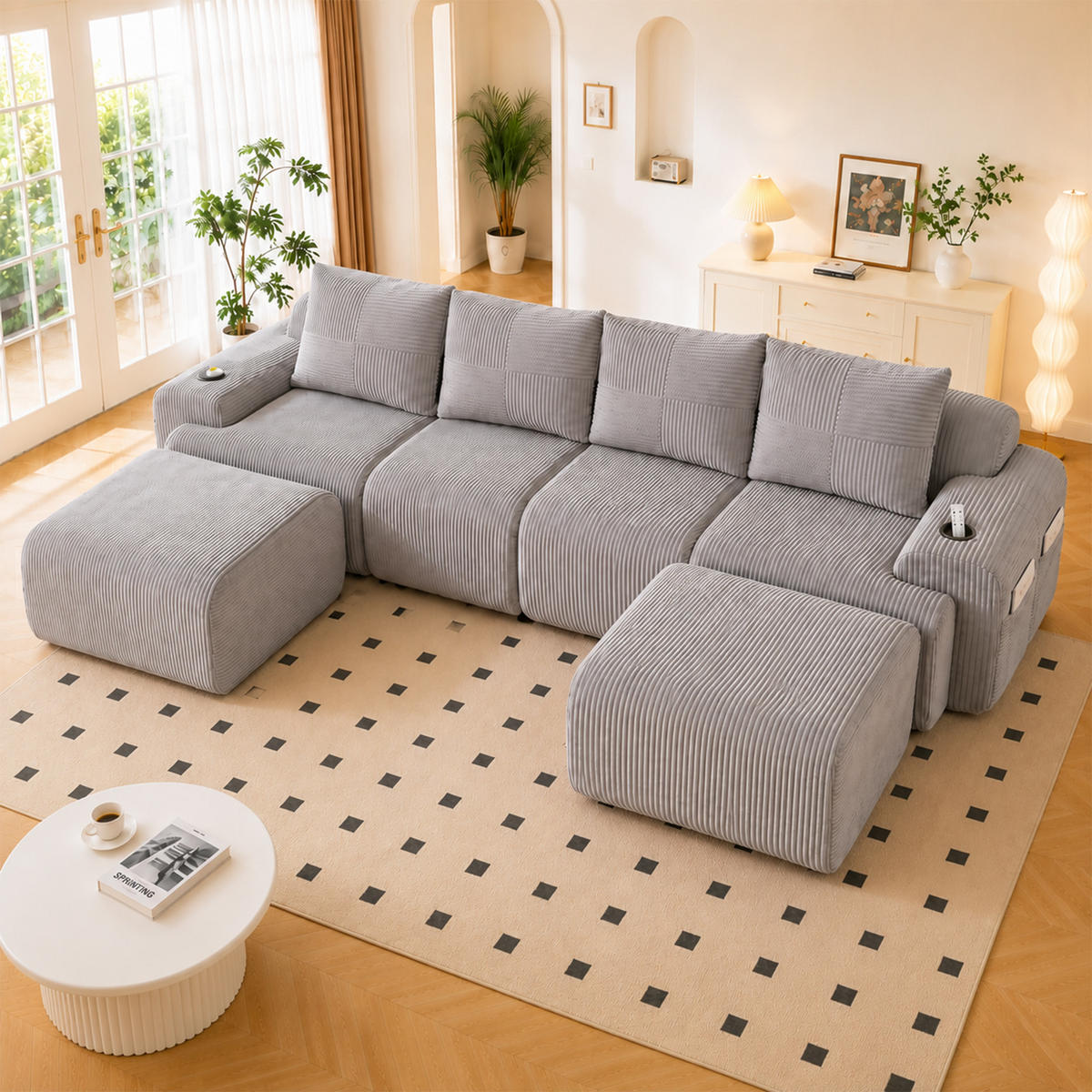 ECKSOFA mit frei kombinierbaren Modulen, Hockern und Getränkehalter sowie Cordbezug und Tasche in Hellgrau - Hellgrau, Textil (333/174cm) - EVRYAE