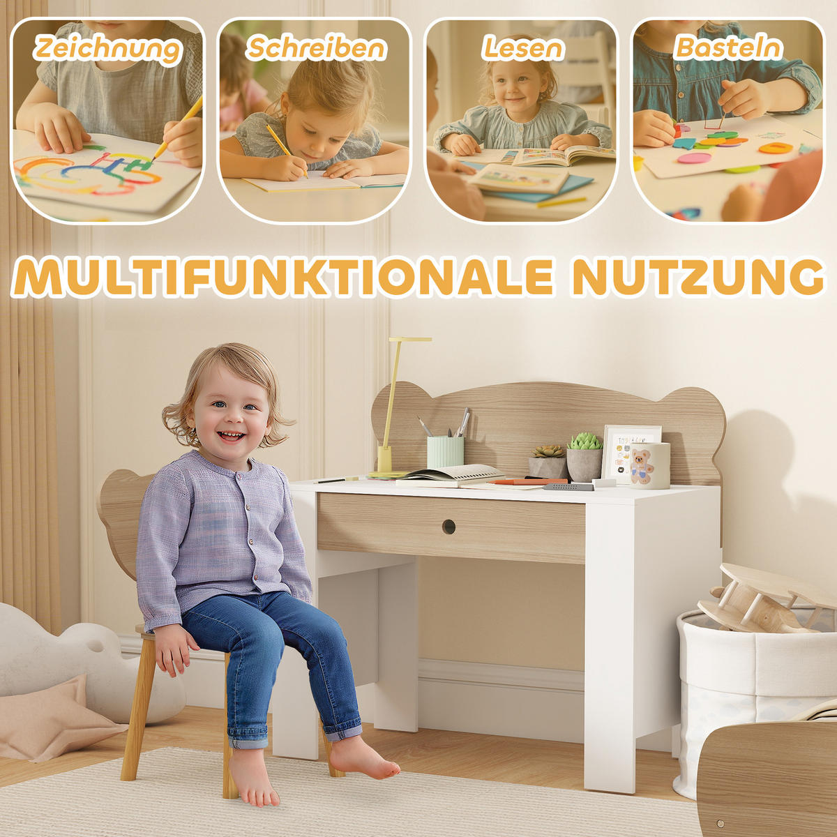 KINDERSCHREIBTISCH Set mit Tischplatte & Schublade Kinder Schreibtisch und Stuhl - Naturfarben, Holz (41/74.5/80cm) - AIYAPLAY