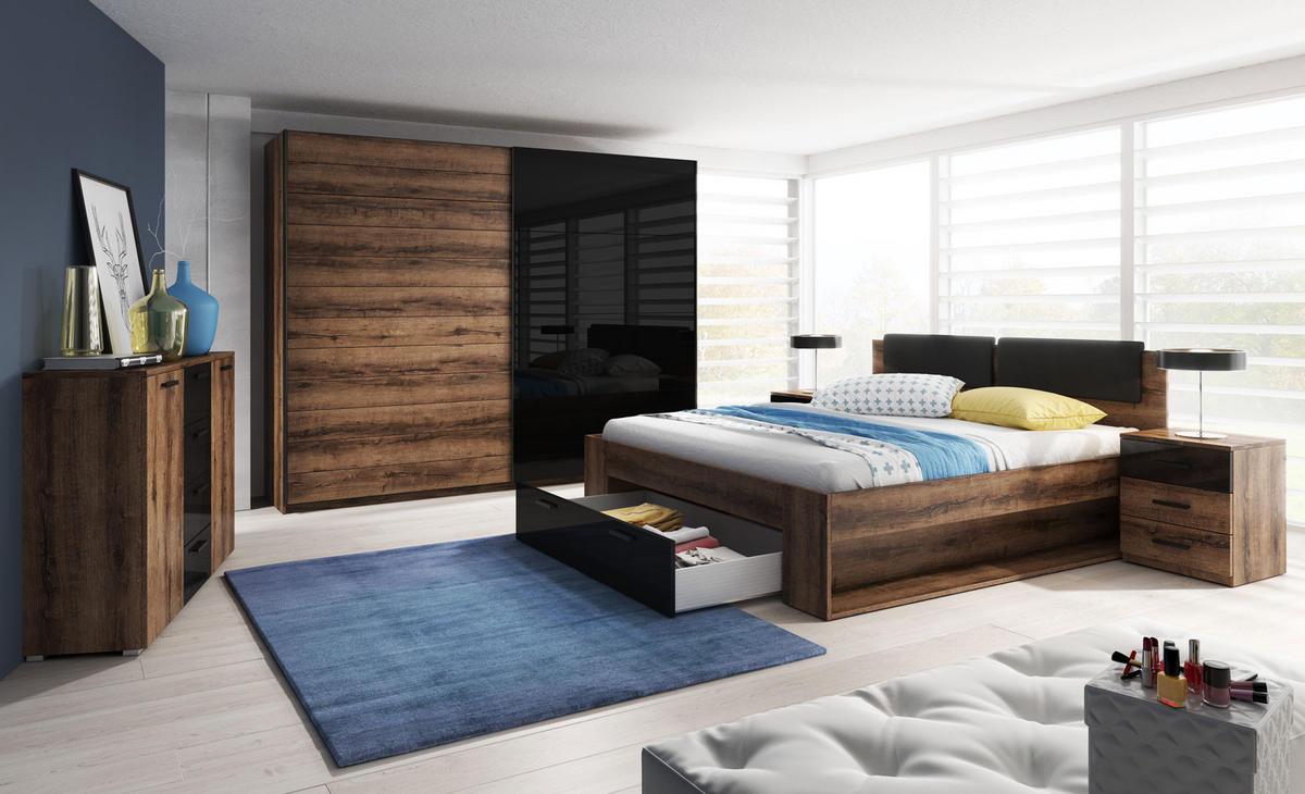 NACHTTISCH 2er-Set Granada Monastery Eiche / Schwarz Hochglanz 47 / 42 / 56 cm - Braun, Holz/Holzwerkstoff (47/56/42cm) - Feldmann-Wohnen