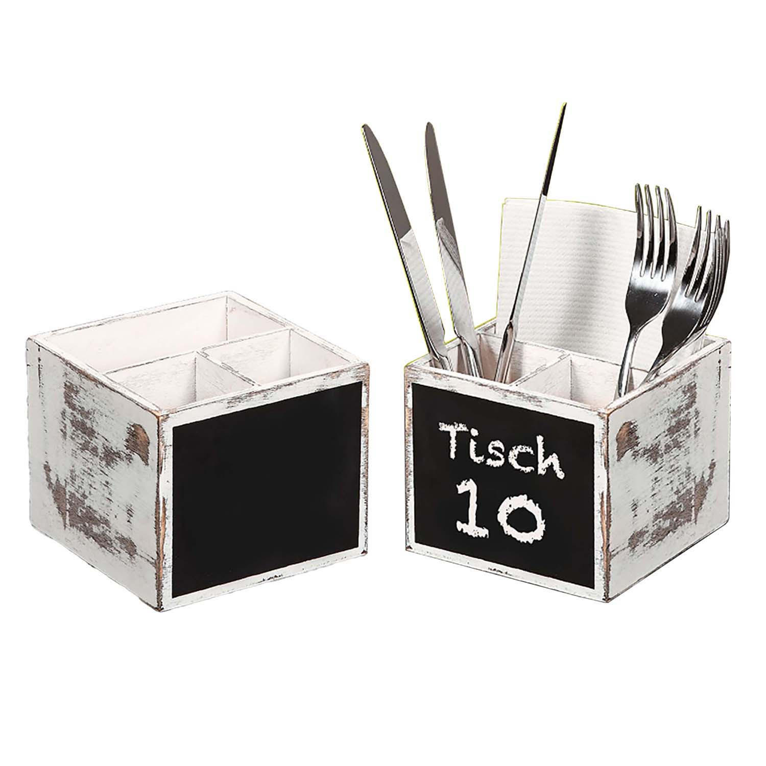 BESTECKBOX, 8 Stück, 3-fach Einteilung & Kreidetafel - Pappelholz - weiß rustikal - Weiß, Holz (12/10/12cm) - Kesper