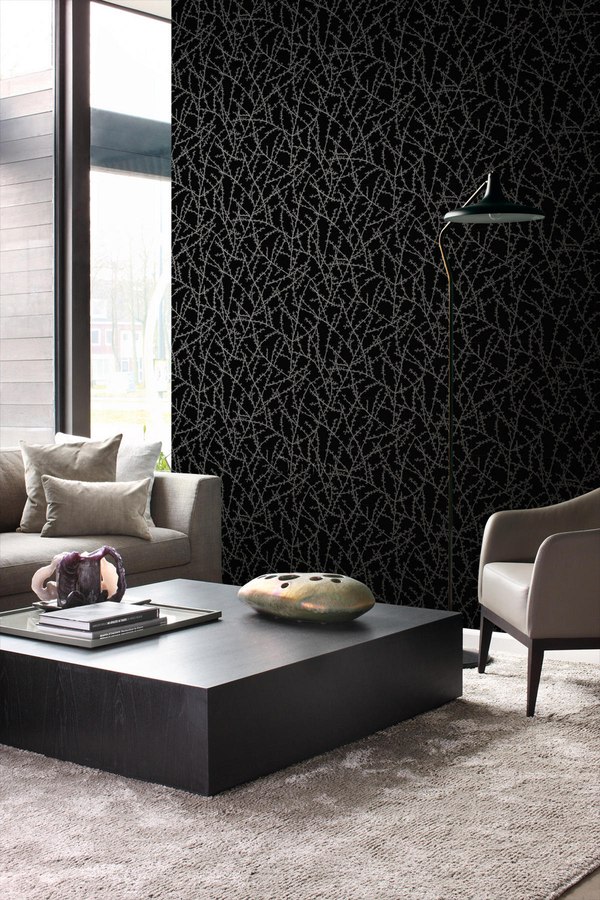 TAPETE Blütenzweige 53 cm x 10.05 m - Schwarz, Papier (53/1000cm) - Origin Wallcoverings