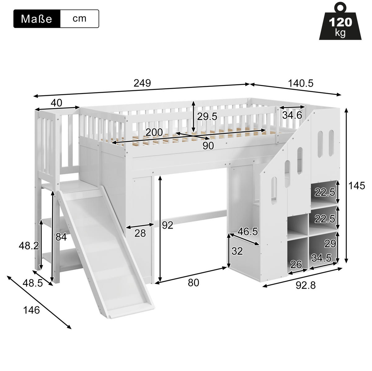 VISOKA postelja 90/200 cm bela z drsnikom, stopnicami za shranjevanje in LED-osvetlitvijo iz borovine in MDF - bela, leseni material (90/200cm) - OKWISH