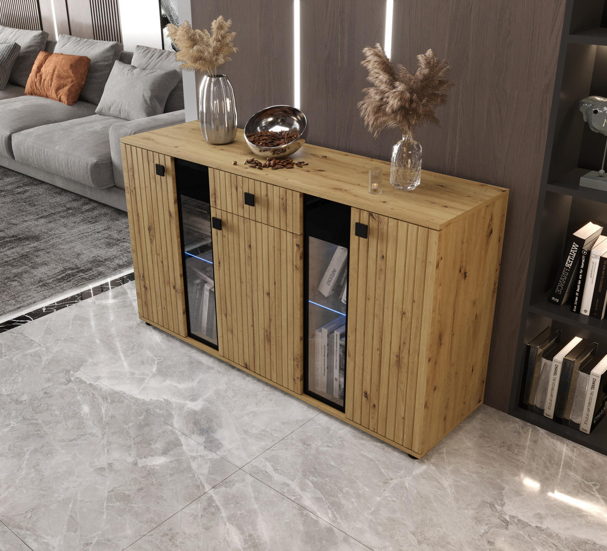 KOMMODE London LSMK LAMELE mit 3 Türen, Sideboard in Farbe: Braun, Größe: 140 x 80 x 40 cm - Braun, Holzwerkstoff (140/80/40cm) - O-Sofa