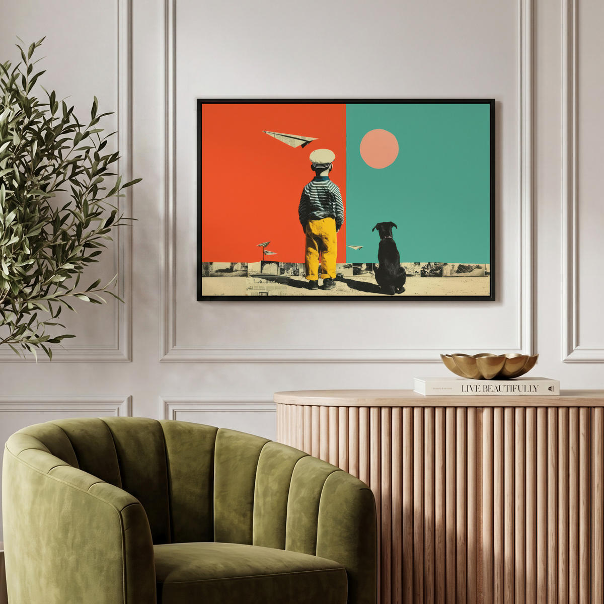 LEINWAND Bilder mit Rahmen - Retro - Junge - Hund - Rot - Grün - 60x40 - Orange, Textil (60/40cm) - MuchoWow