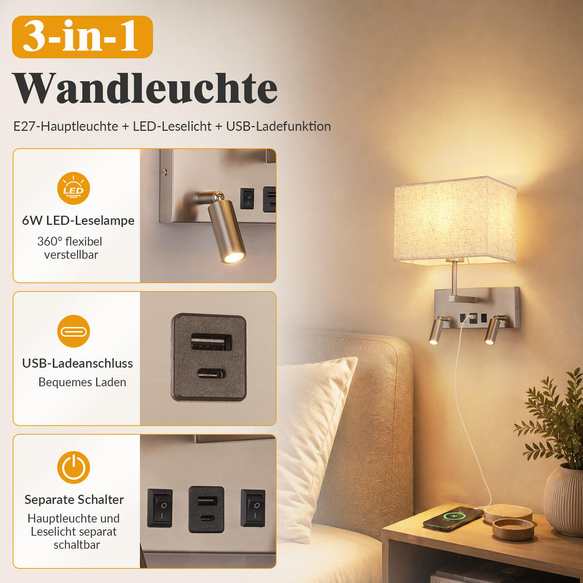 LED WANDLEUCHTE Noxvin 25/15/33.5 cm - Nickelfarben, Textil/Metall (15/33.5/25cm) - ZMH