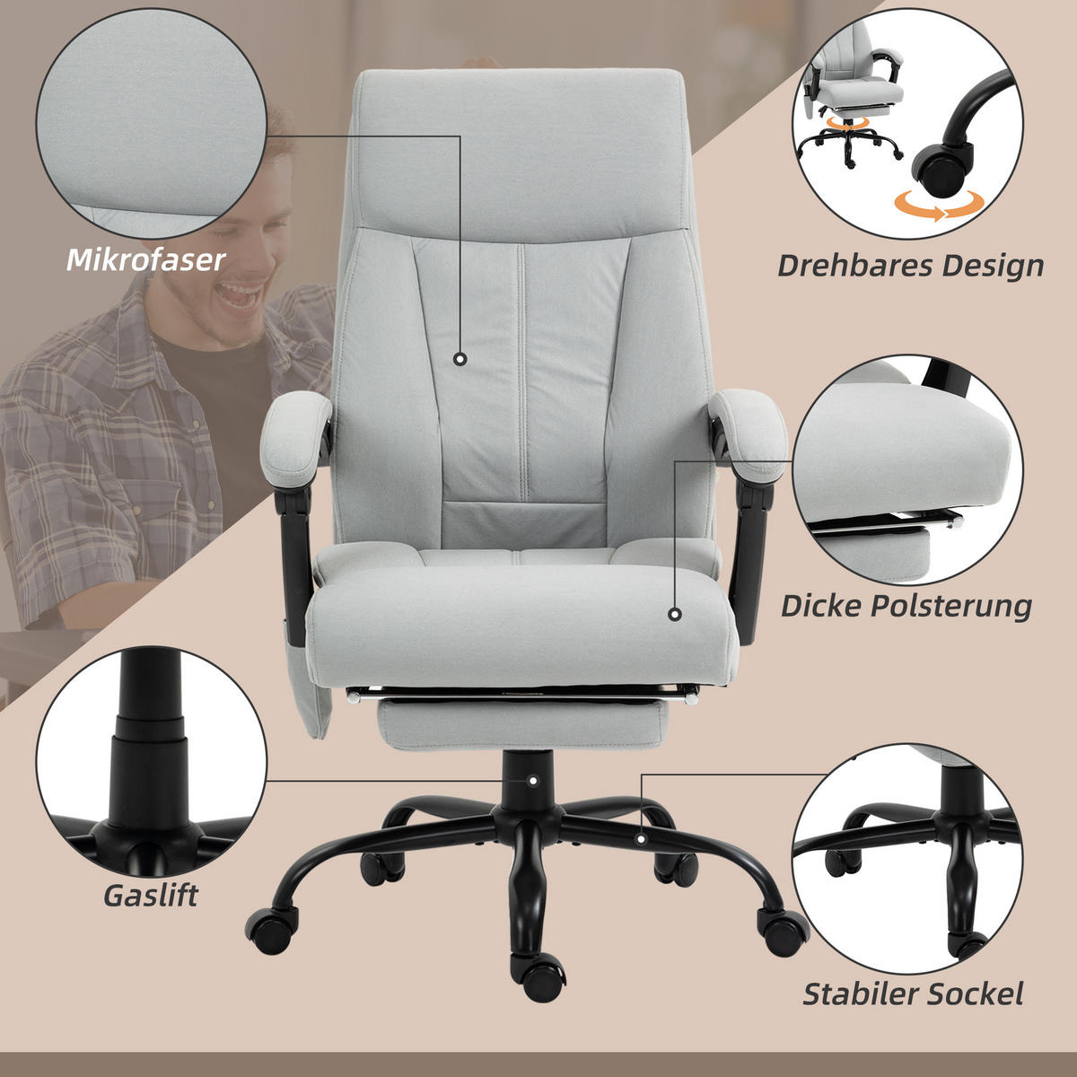 BÜROSTUHL mit Vibrationsmassage, Ergonomisch Schreibtischstuhl mit Liegefunktion - Hellgrau, Kunststoff (74/119/65cm) - Vinsetto