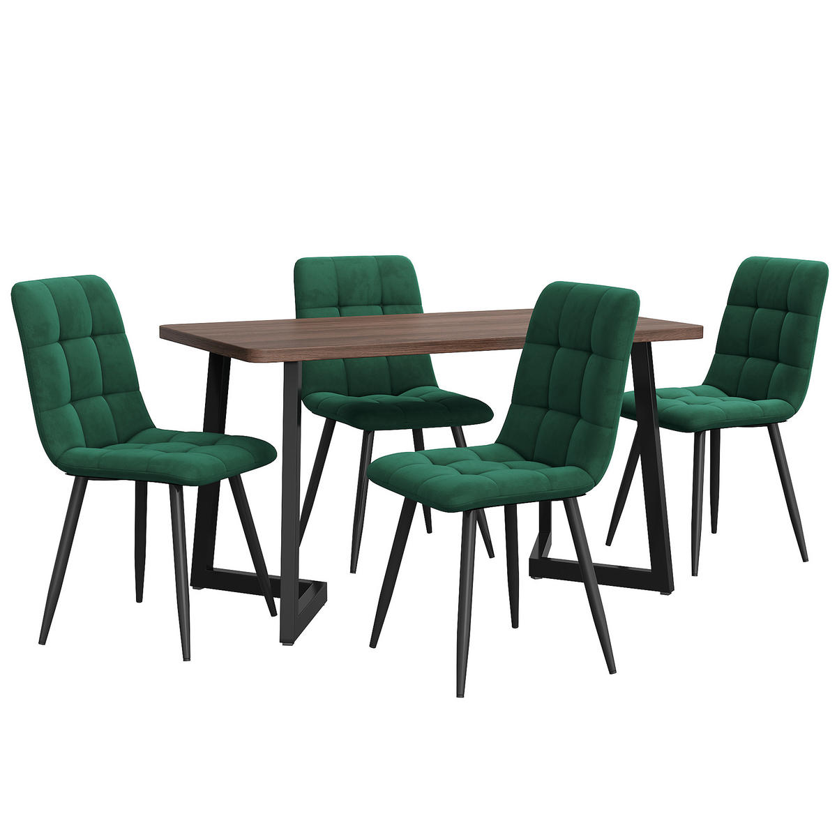 ESSGRUPPE Esstisch 4 Stühle MDF Walnuss Grün 5-tlg - Grün, Holzwerkstoff (117/75/68cm) - FLIEKS