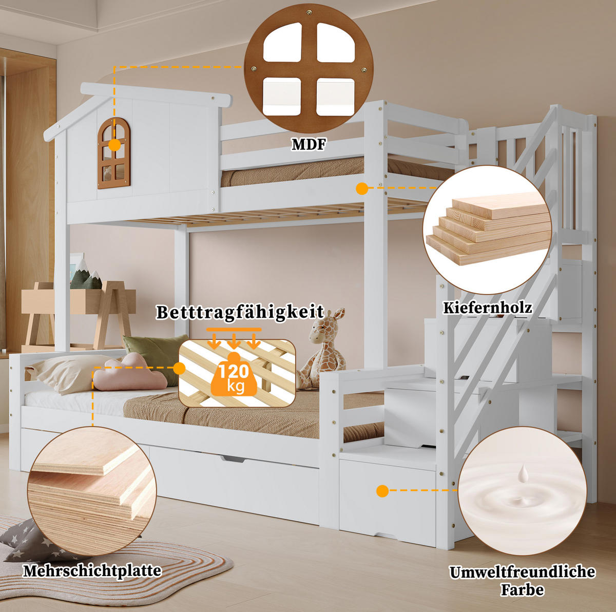 ETAGENBETT 90/200 cm & 120/200 cm mit 2 Schubladen, Eck-Leiterschrank und Fenstern, Weiß/Natur - Weiß, Holzwerkstoff (90/200cm) - Redom