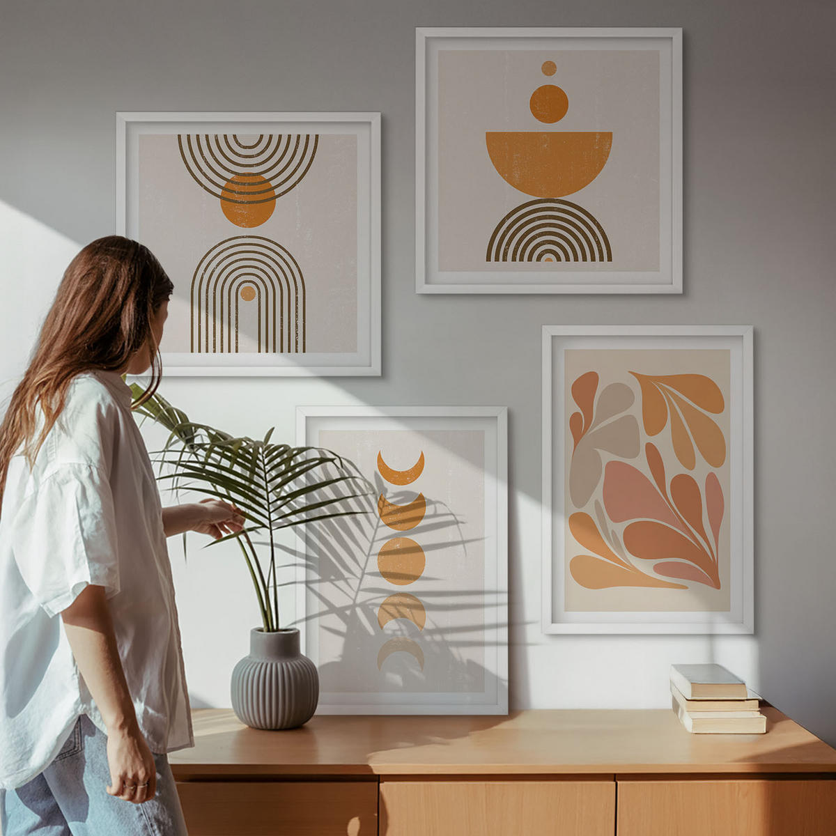 BILDER SET 4er Set - 50x50 cm & 40x60 cm Weißer Rahmen - Abstrakte orange Formen - Weiß, Kunststoff (50/50cm) - TULUP