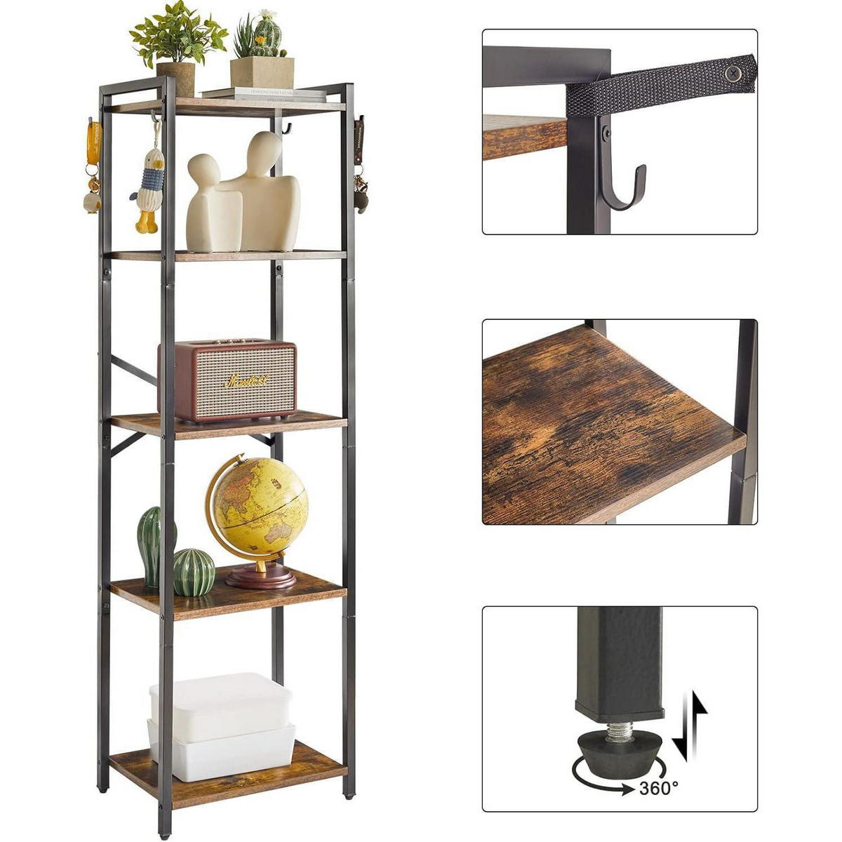 BÜCHERREGAL 5-stöckig Rustikal Braun 43 x 29 x 147 cm - Schwarz, Metall (29/146.5/43cm)