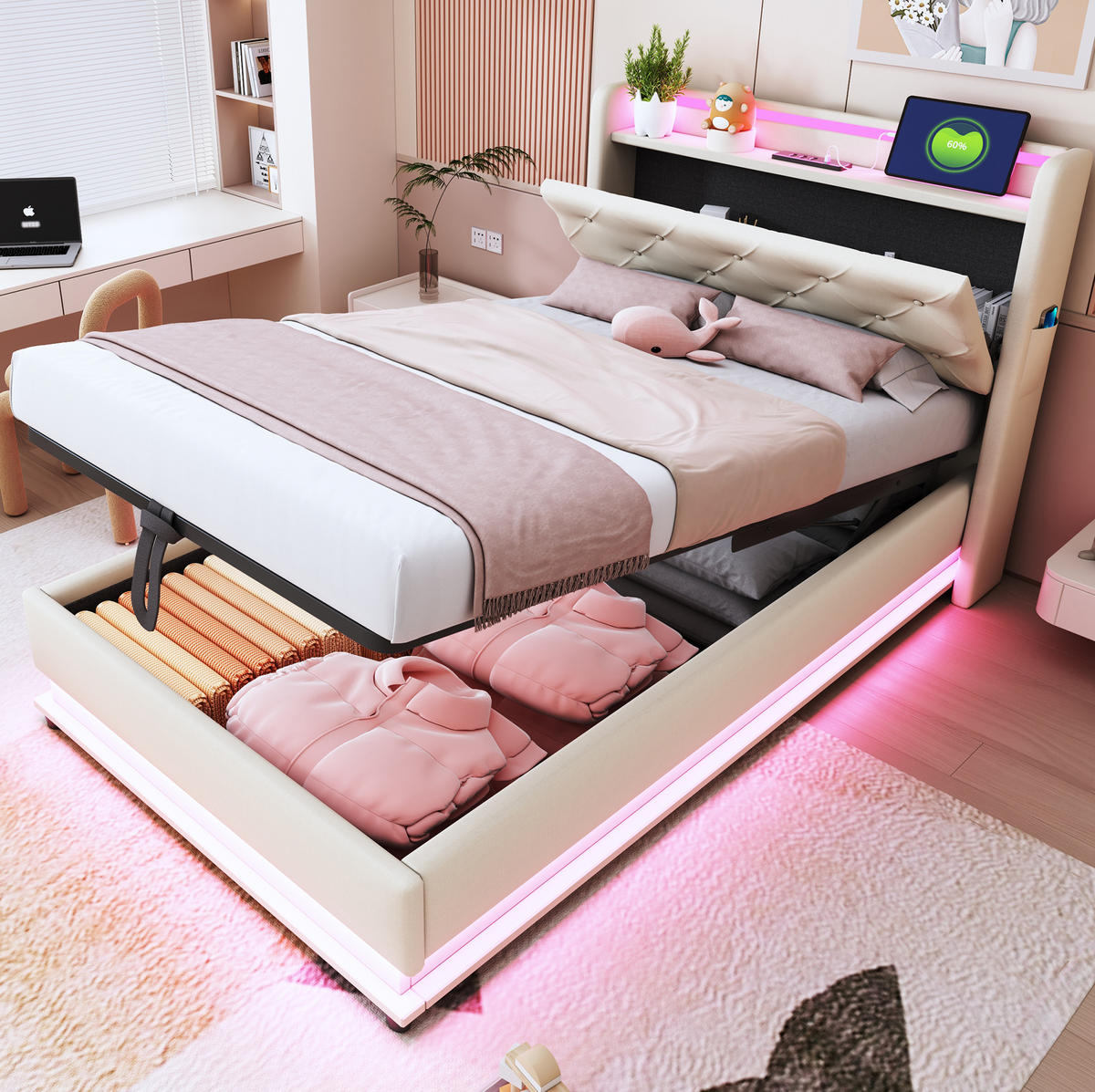 KINDEREINZELBETTEN aus Leinenstoff 90x200 cm in Beige mit LED & USB-Anschlüssen - Beige, Textil (90/200cm) - Modfu