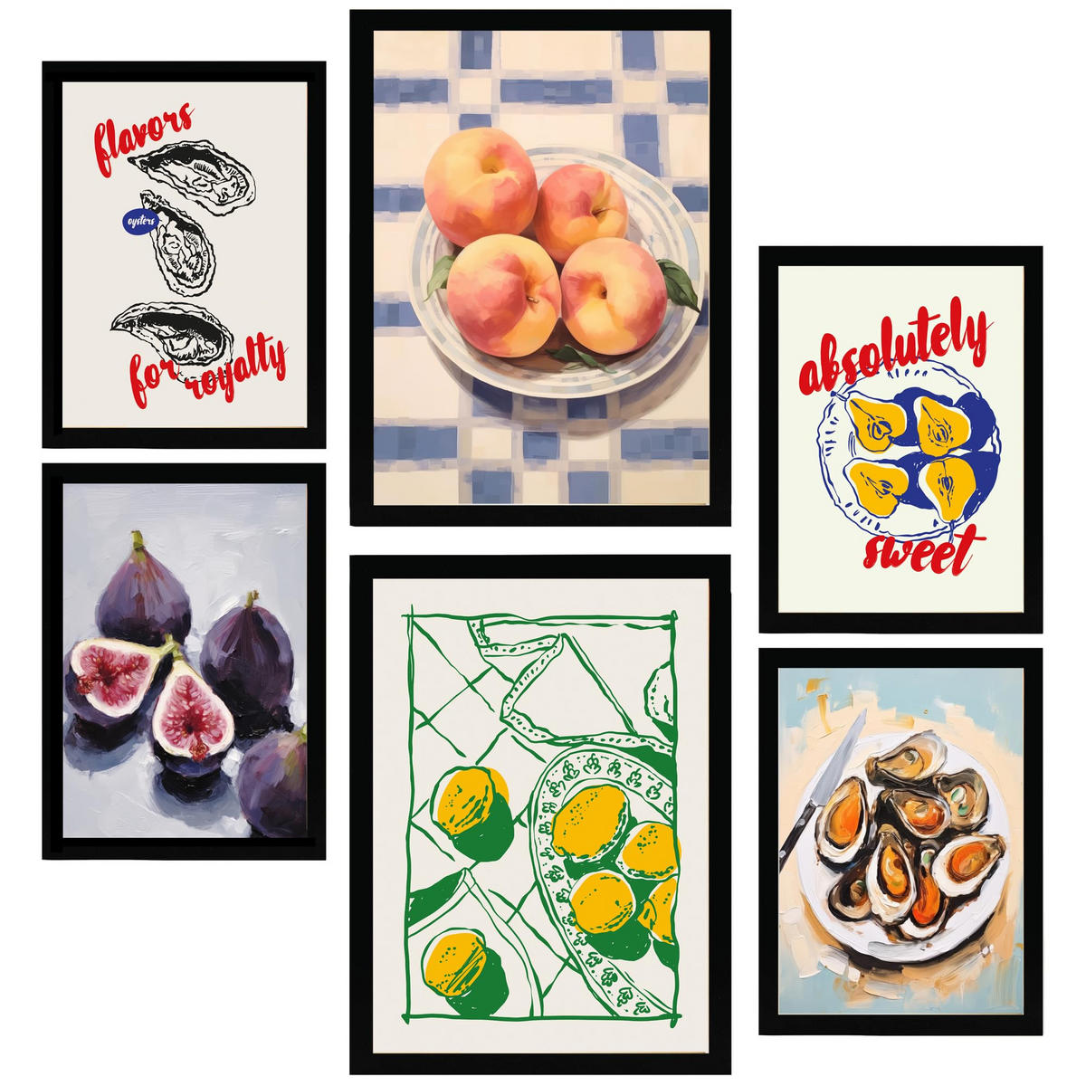 POSTER Set Mit 6 Von Lebensmitteln & Mediterraner Küche A3 & A4 Schwarzer Rahmen - Schwarz, Papier (29/3cm) - Nacnic