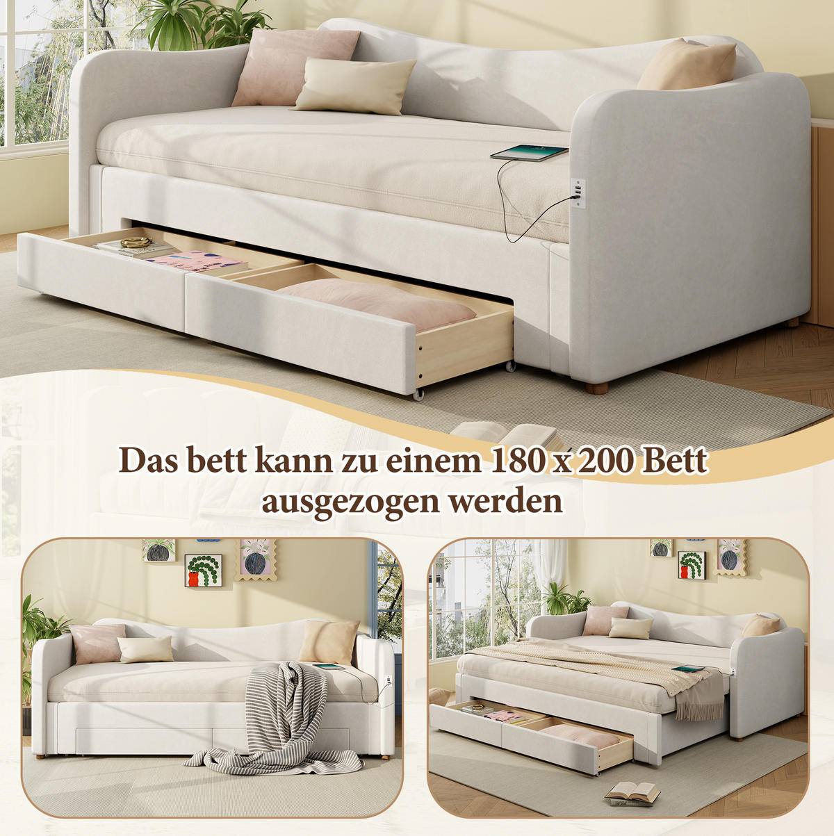 POLSTERBETT 90/200 cm Beige aus Samt mit Ausziehfunktion - Beige, Textil - OKMYHOME